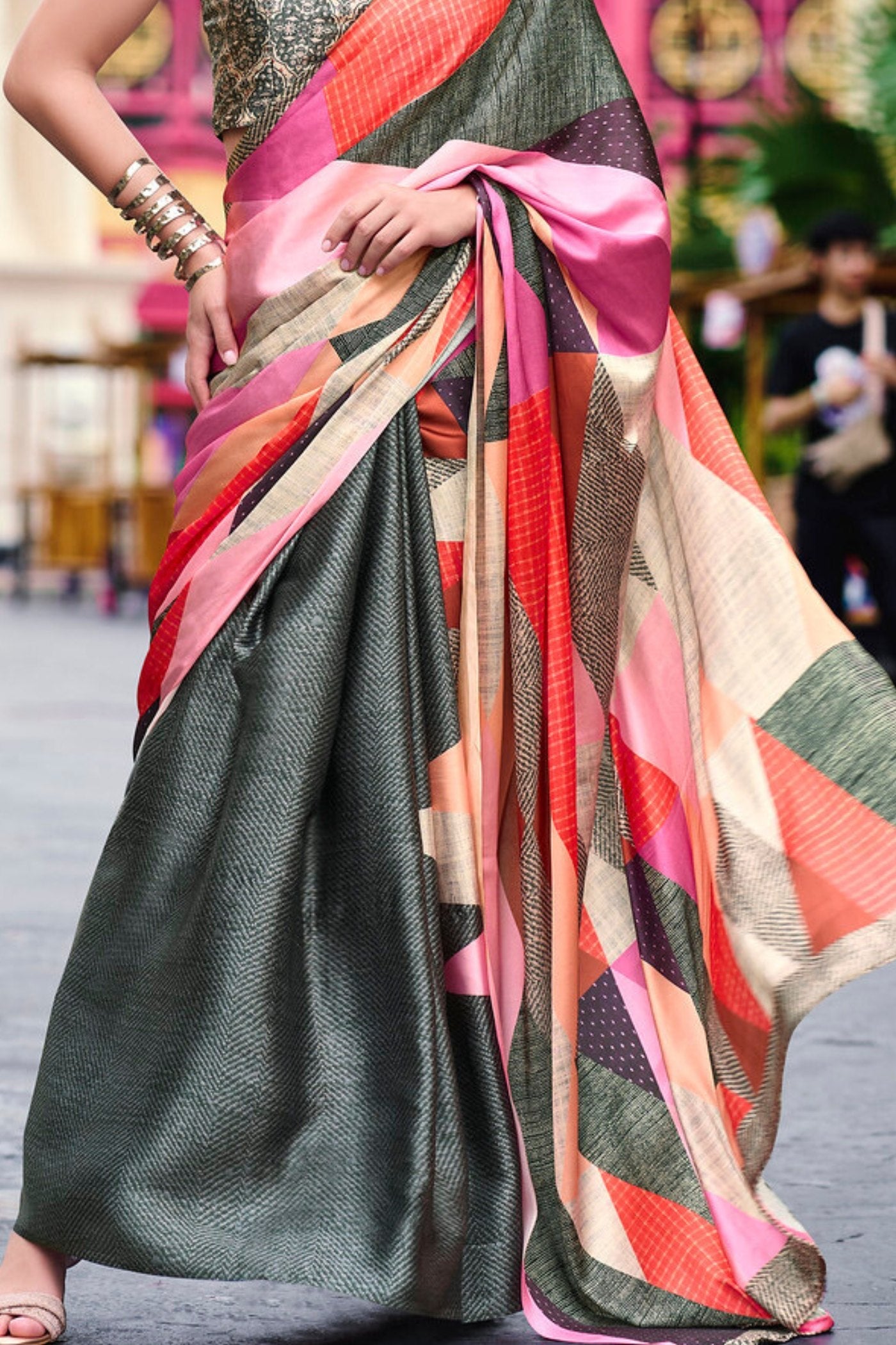 Green Multicolor Printed Satin Crepe Silk Saree