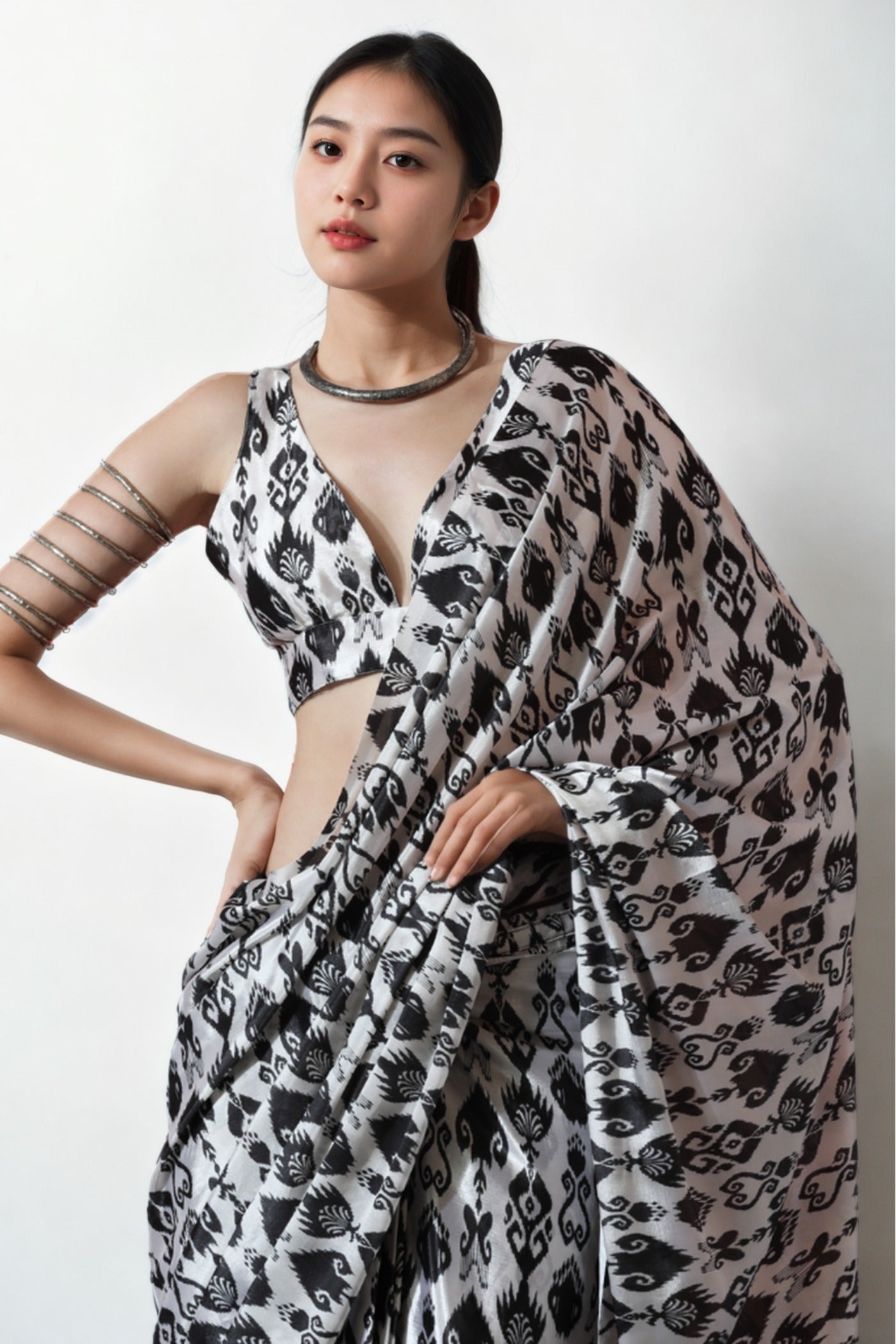 Pitch Black Chinon Digital Printed Ready To Wear Saree