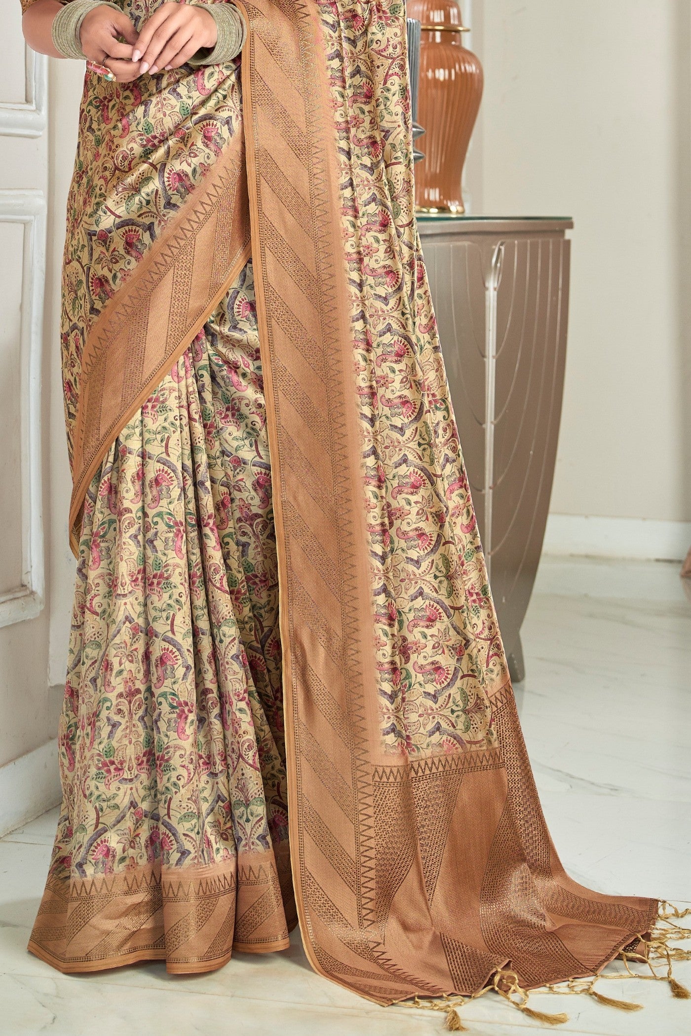 Cameo Cream and Brown Digital Printed Banarasi Saree