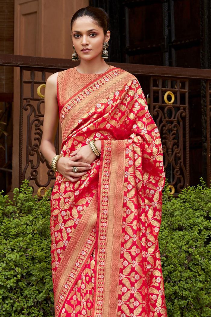 Rose Red Woven Banarasi Saree