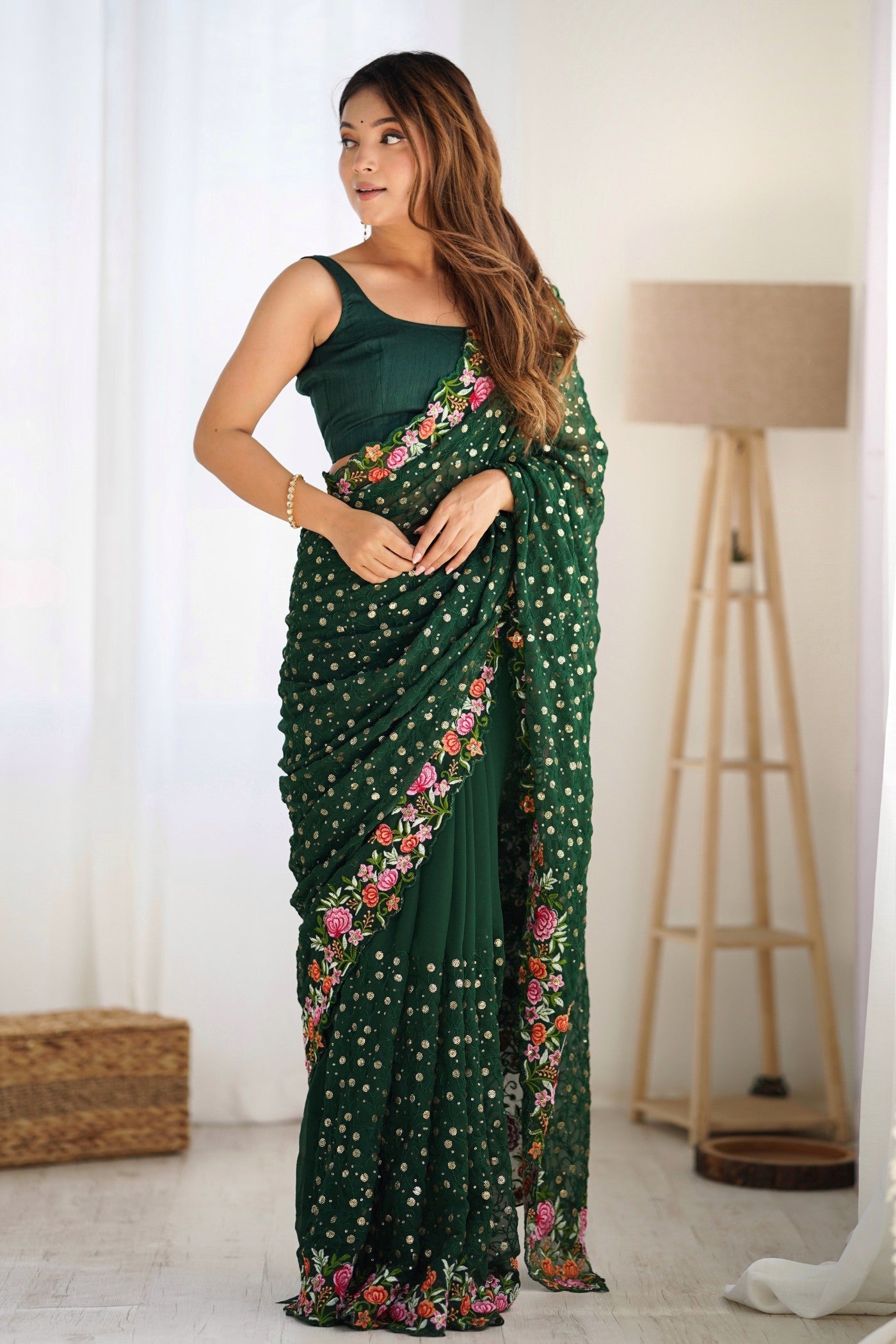 Basil Green Embroidered Georgette Saree