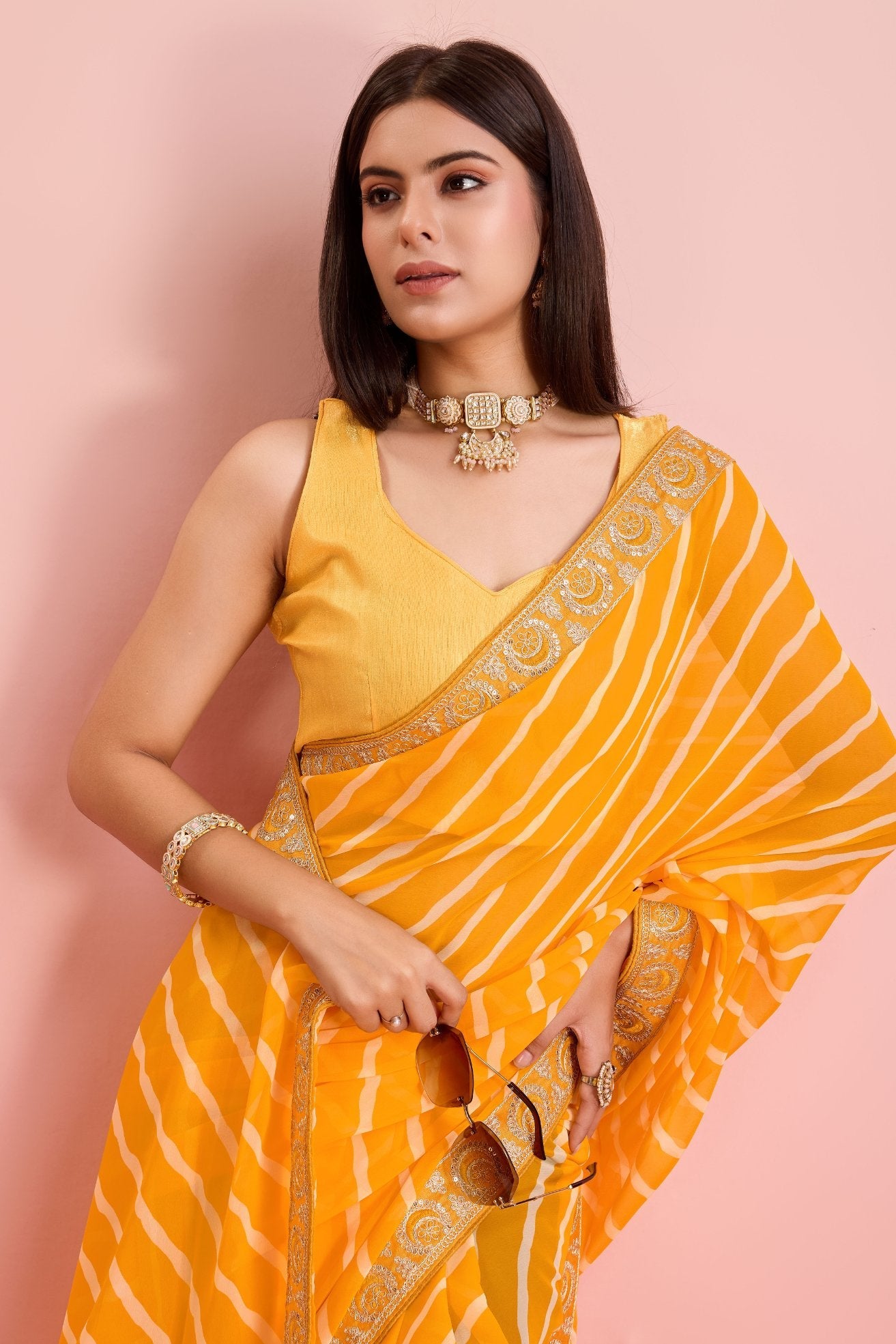 Picasso Yellow Georgette Lehriya Silk saree