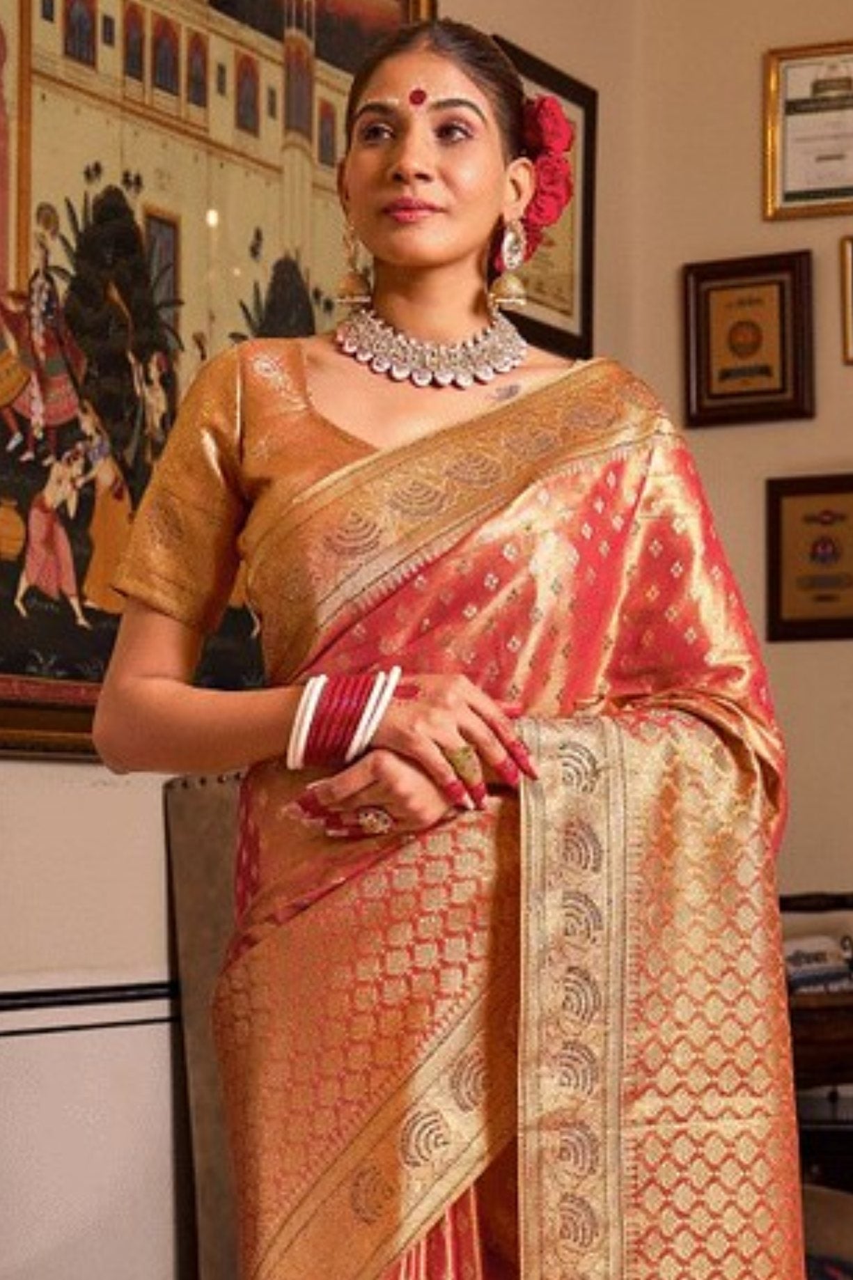 Cedar Chest Orange Zari Woven Banarasi Saree