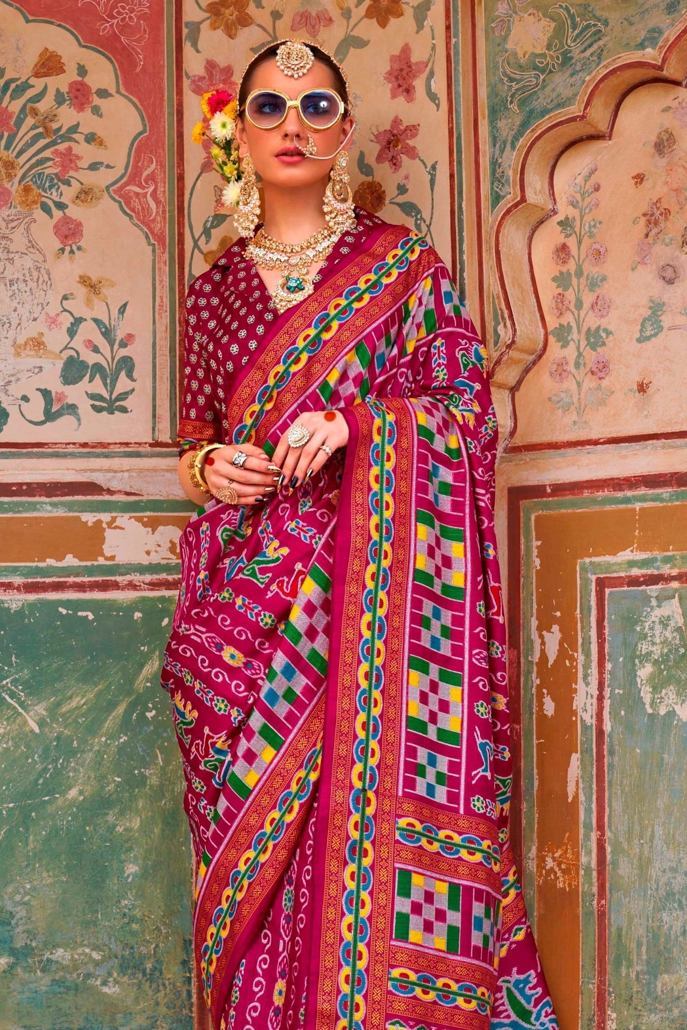 Chestnut Rose Pink Printed Patola Saree