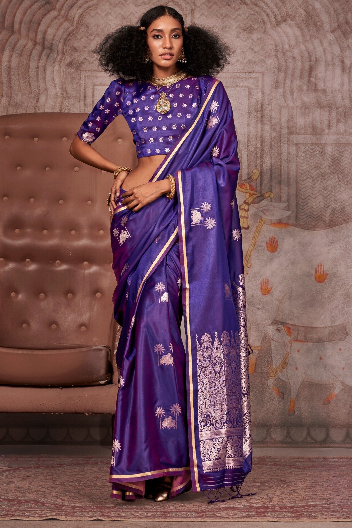 Violet Purple Banarasi Pichwai Satin Saree