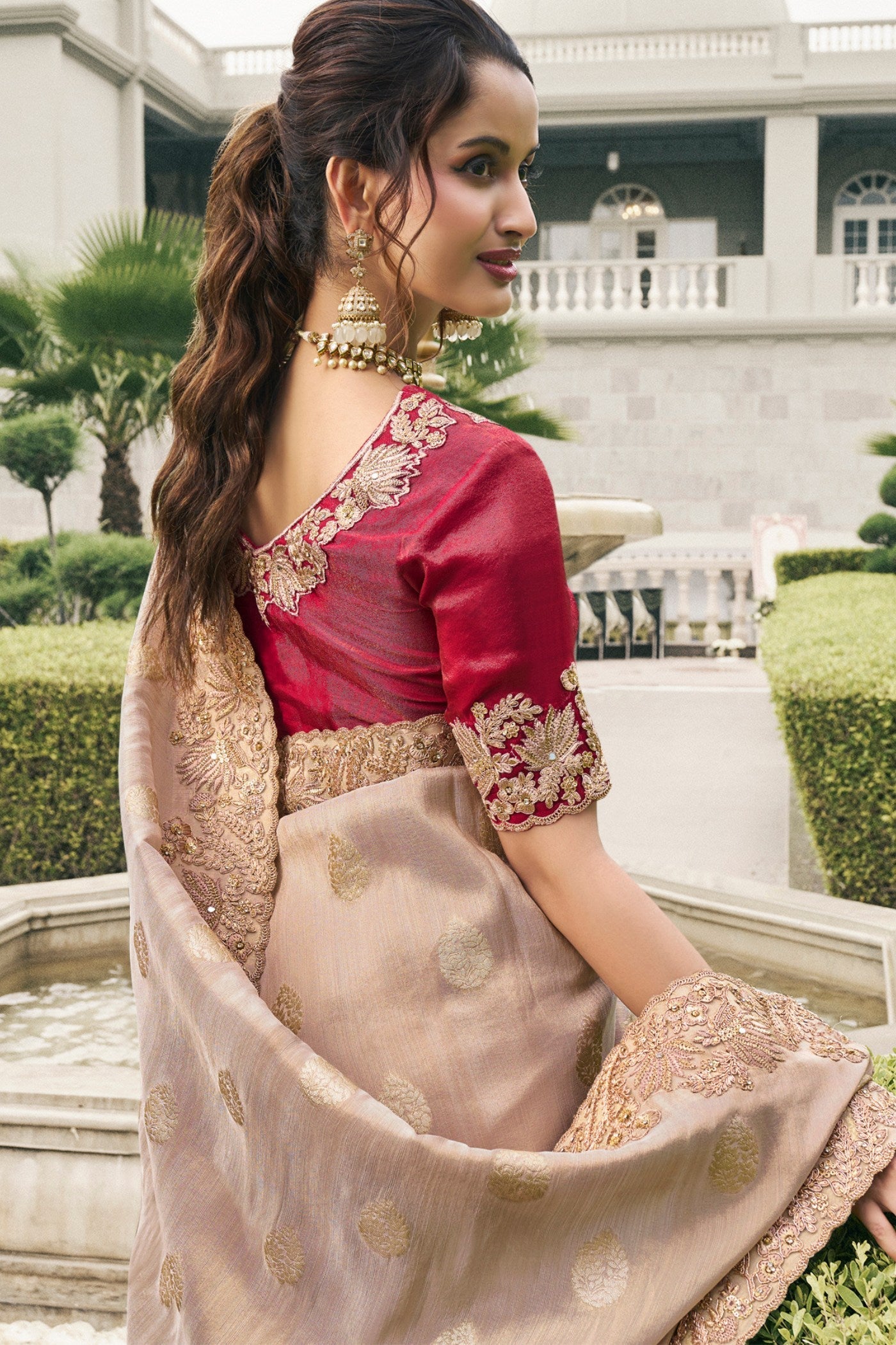 Eunry Pink Banarasi Designer Embroidered Saree