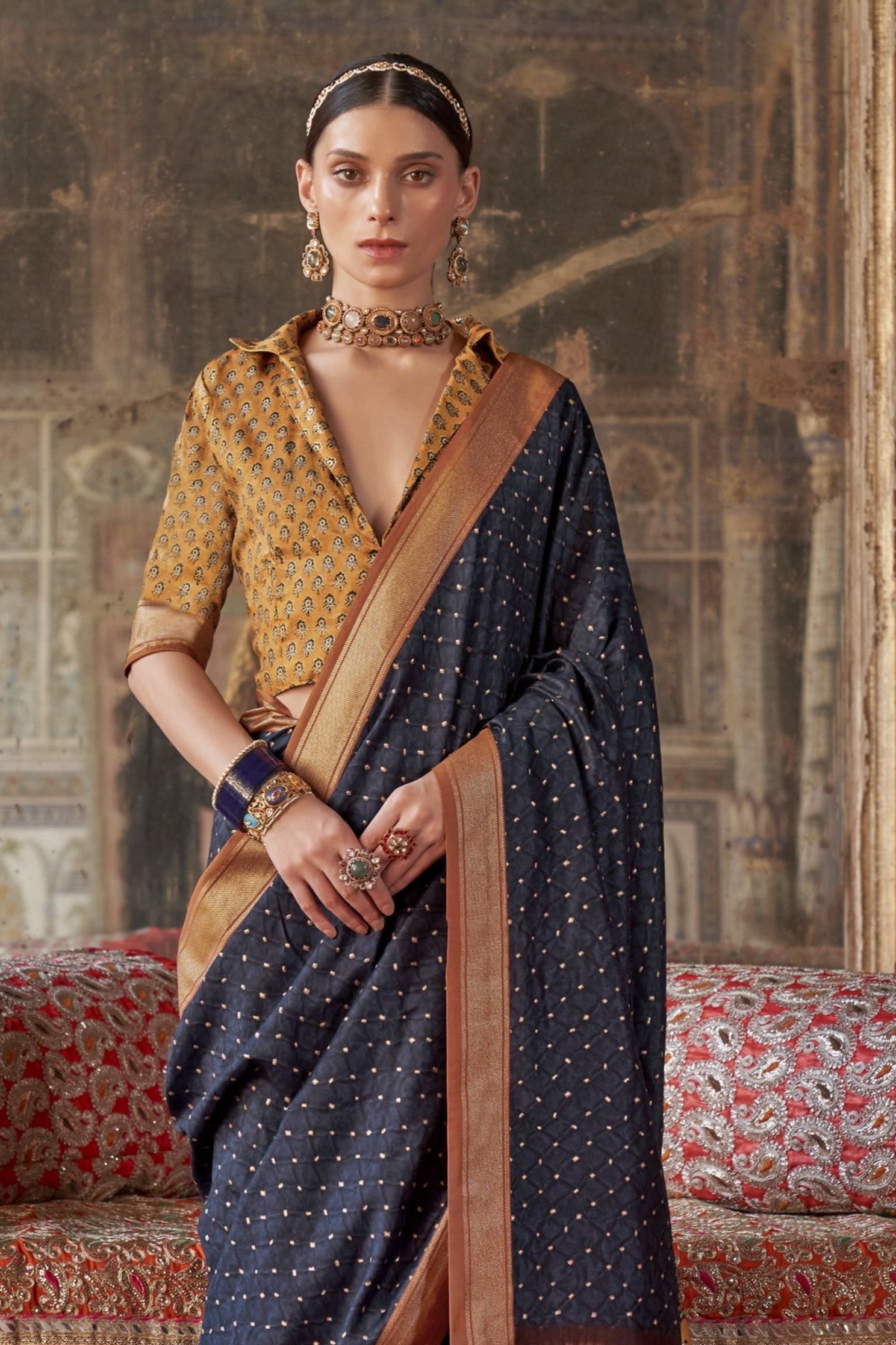 Gun Powder Blue Printed Banarasi Saree