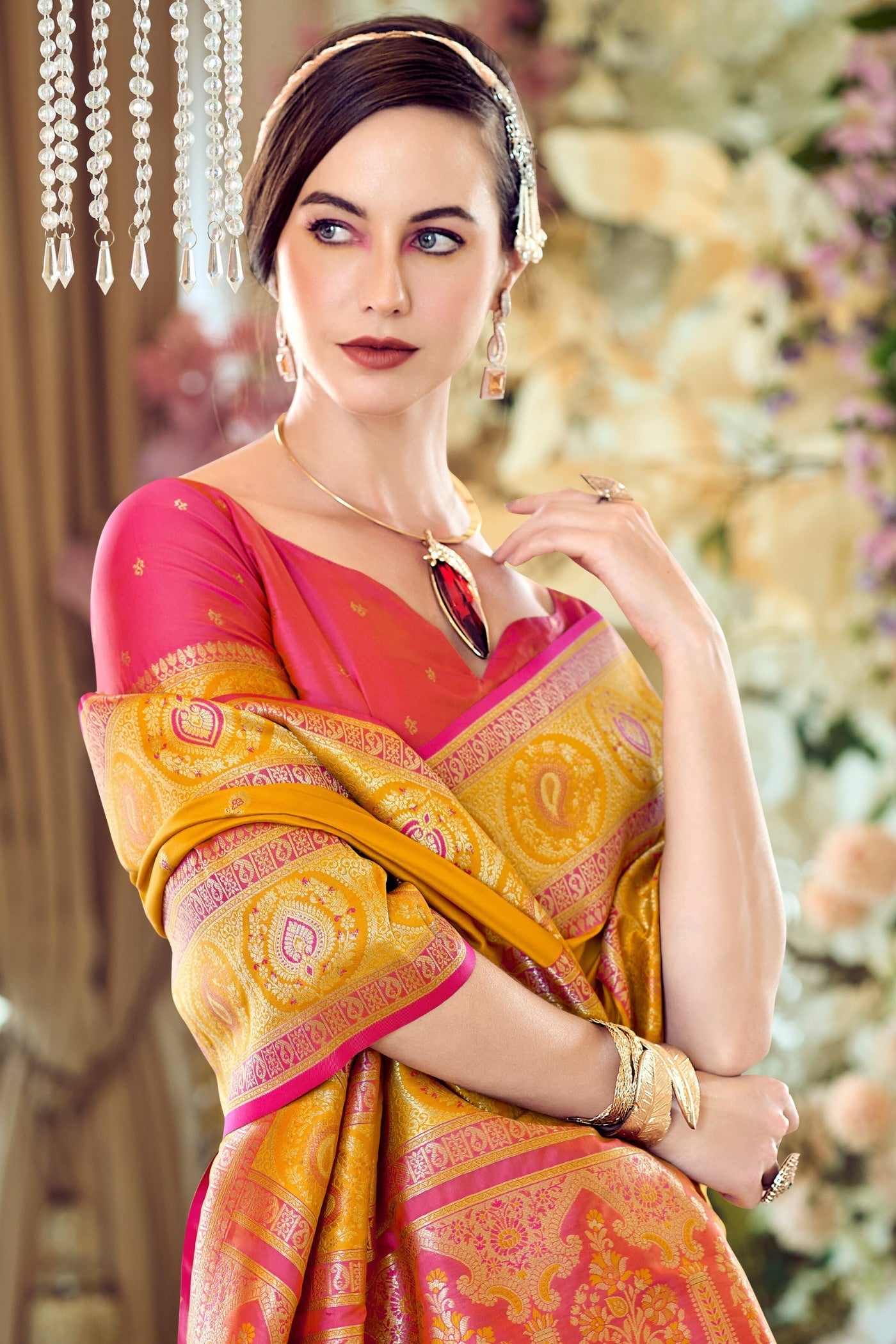 Fire Bush Yellow Woven Banarasi Soft Silk Saree