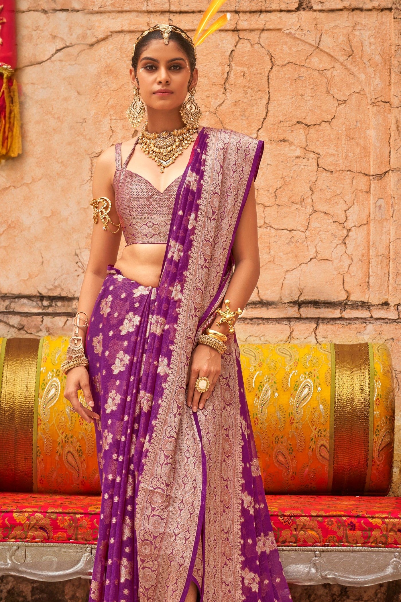 Roseberry Purple Zari Woven Georgette Saree