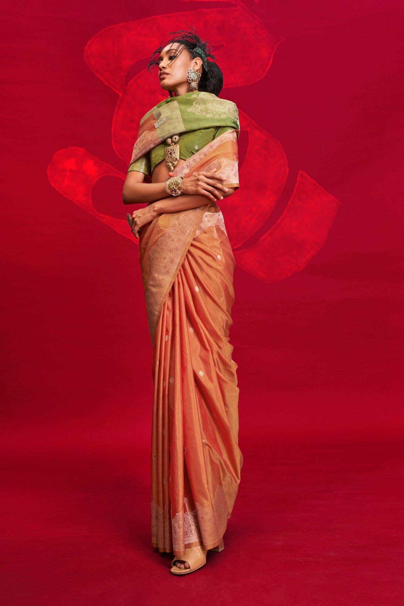 Apricot Orange Tussar Handloom Silk Saree