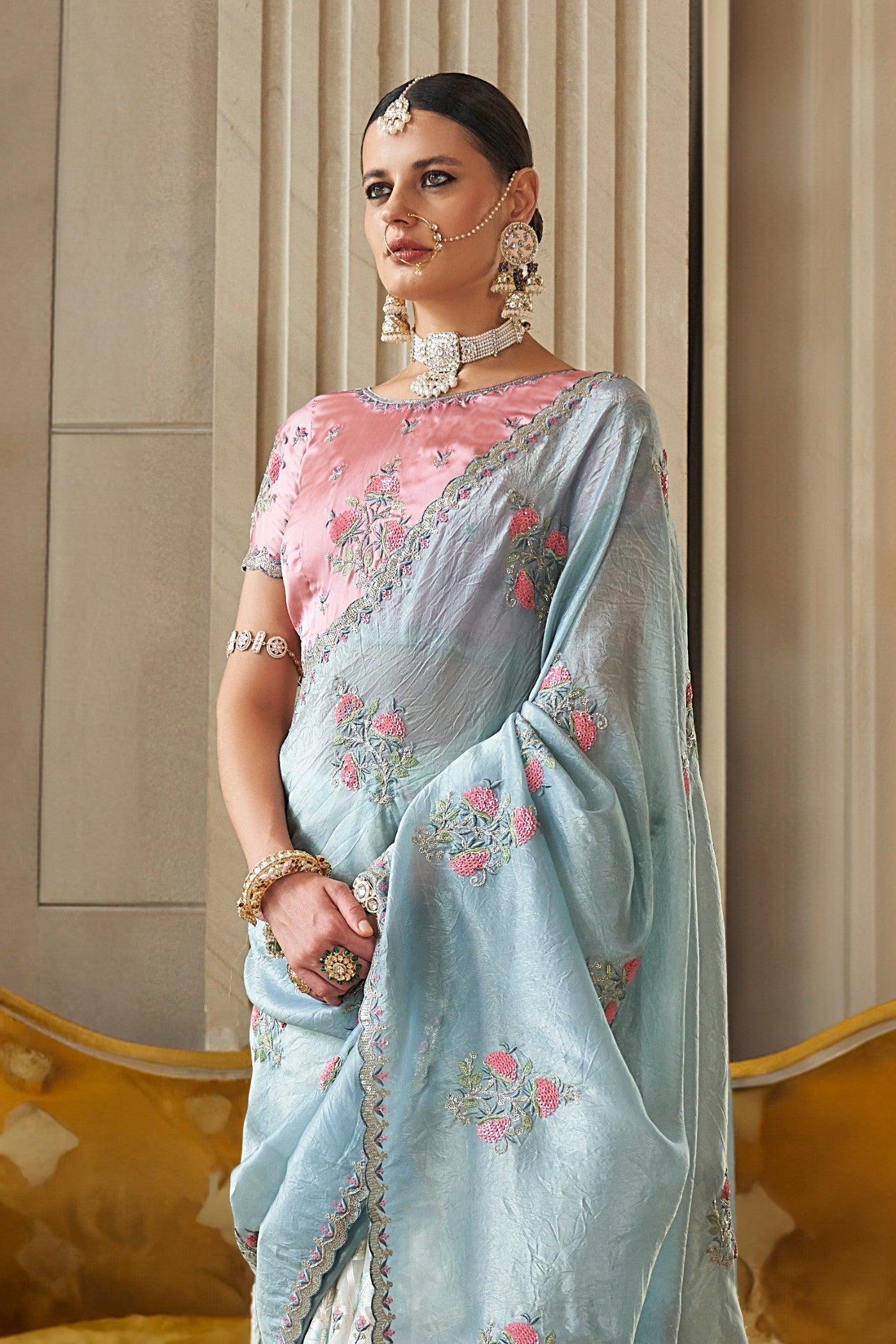 Gunsmoke Blue Tissue Designer Saree