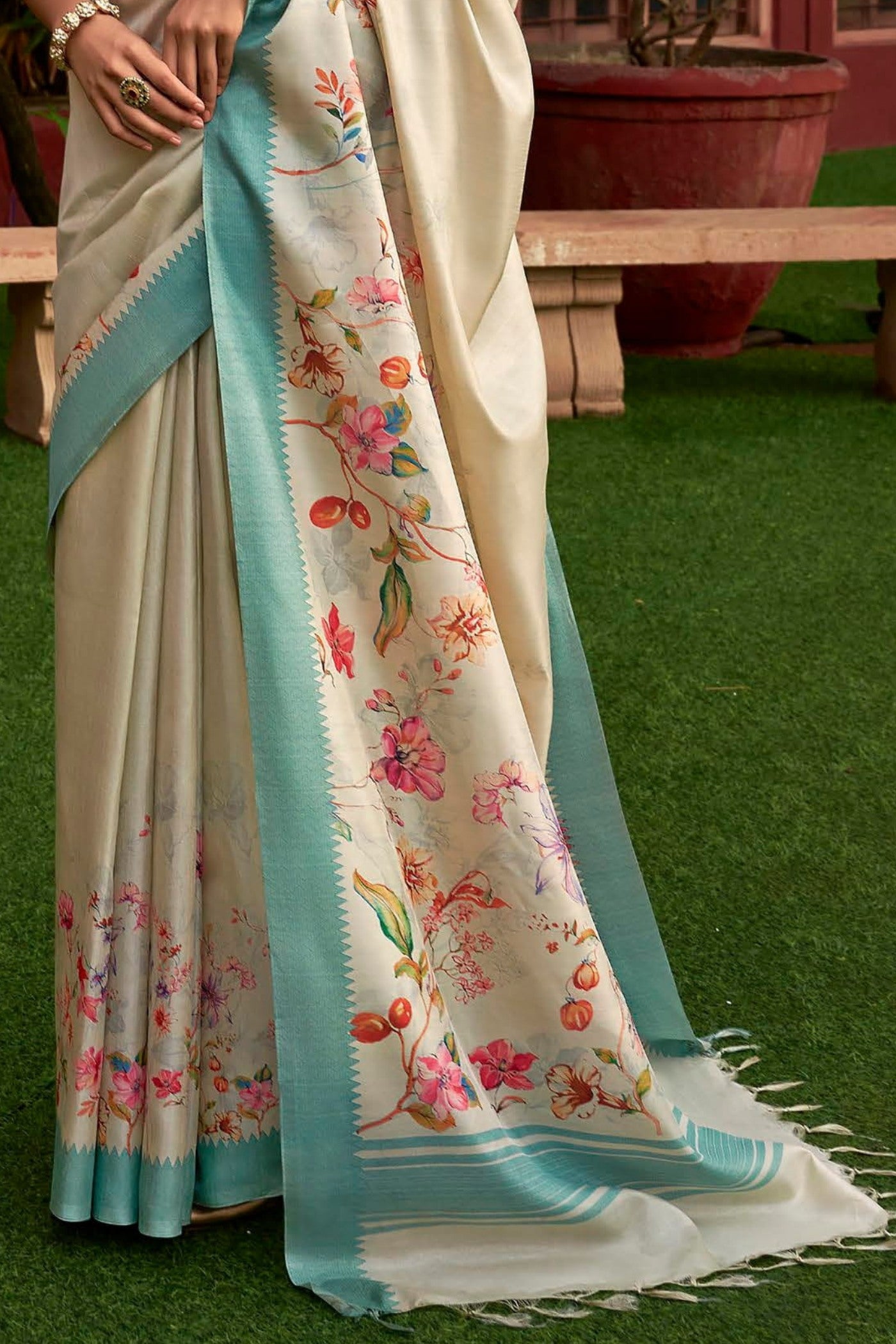 Albescent White and Blue Digital Printed Banarasi Saree