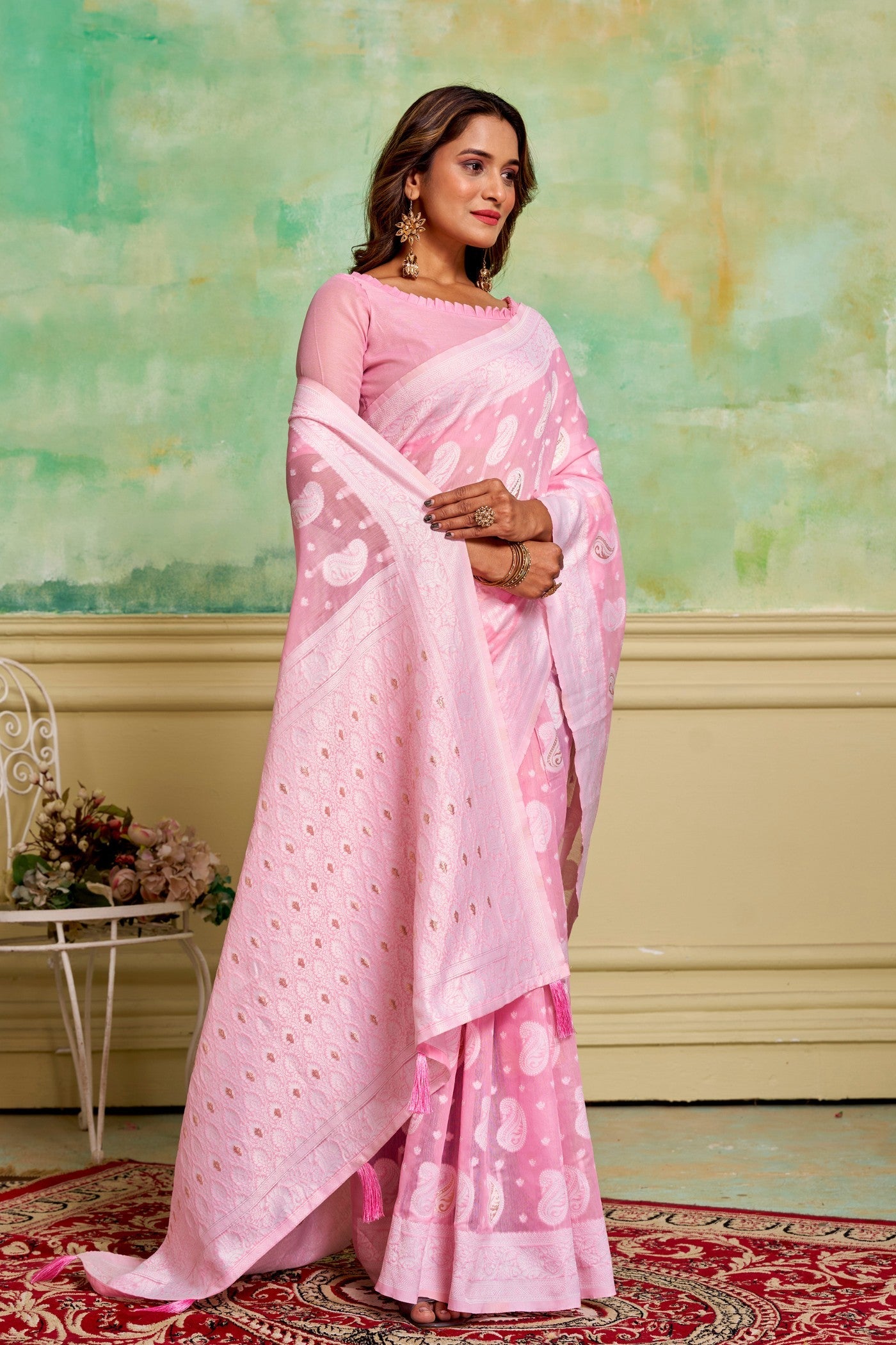 Carnation Pink Woven Cotton Saree