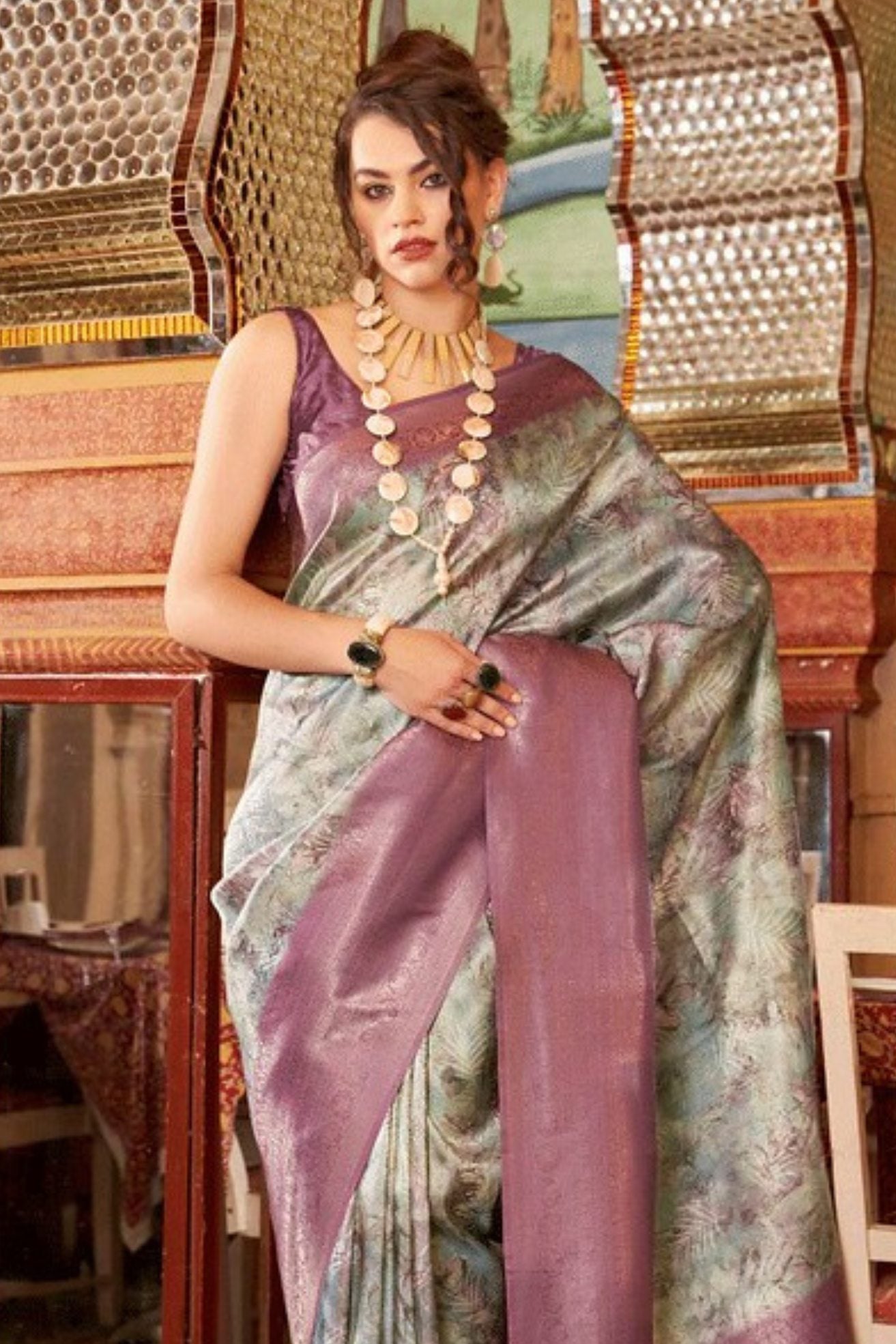 Cement Grey Banarasi Digital Printed Saree