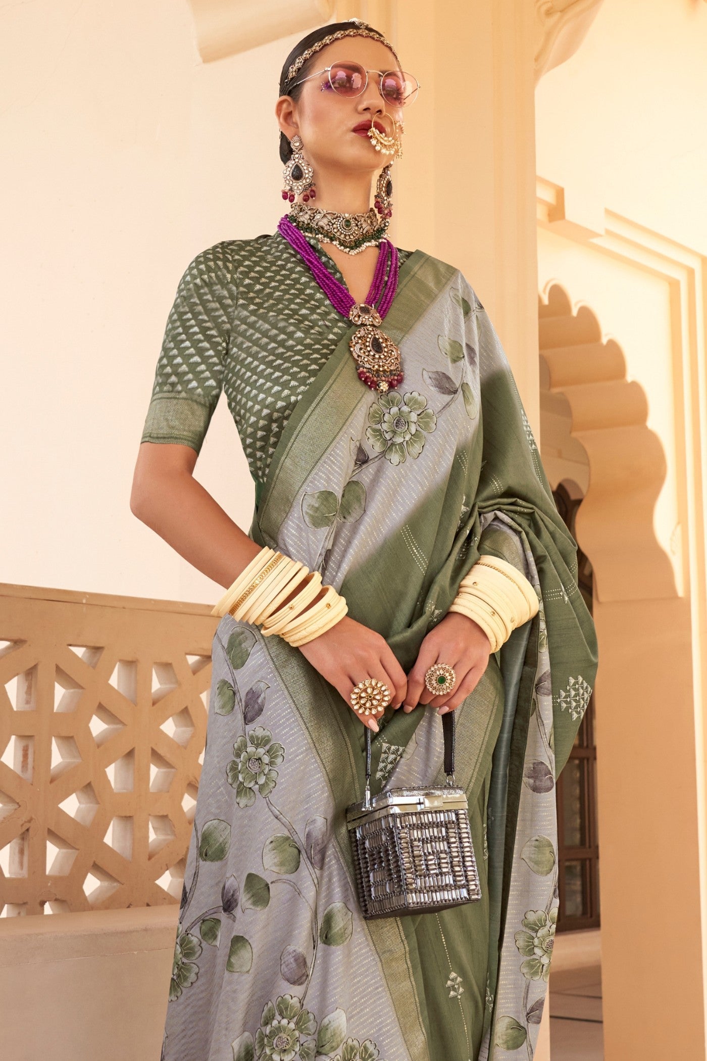 Zorba Grey Floral Printed Banarasi Saree