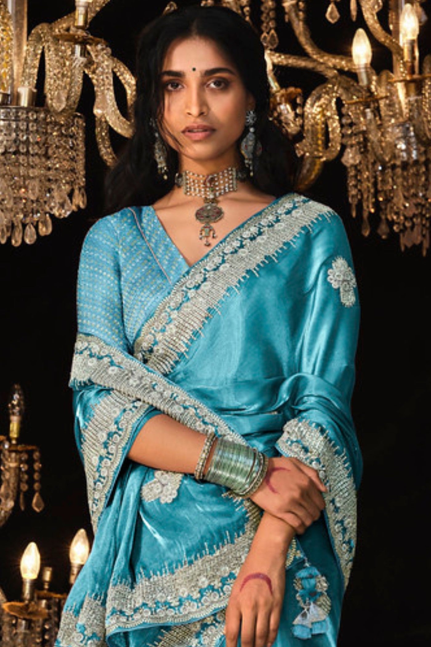 Pacific Blue Tissue Embroidered Designer Saree