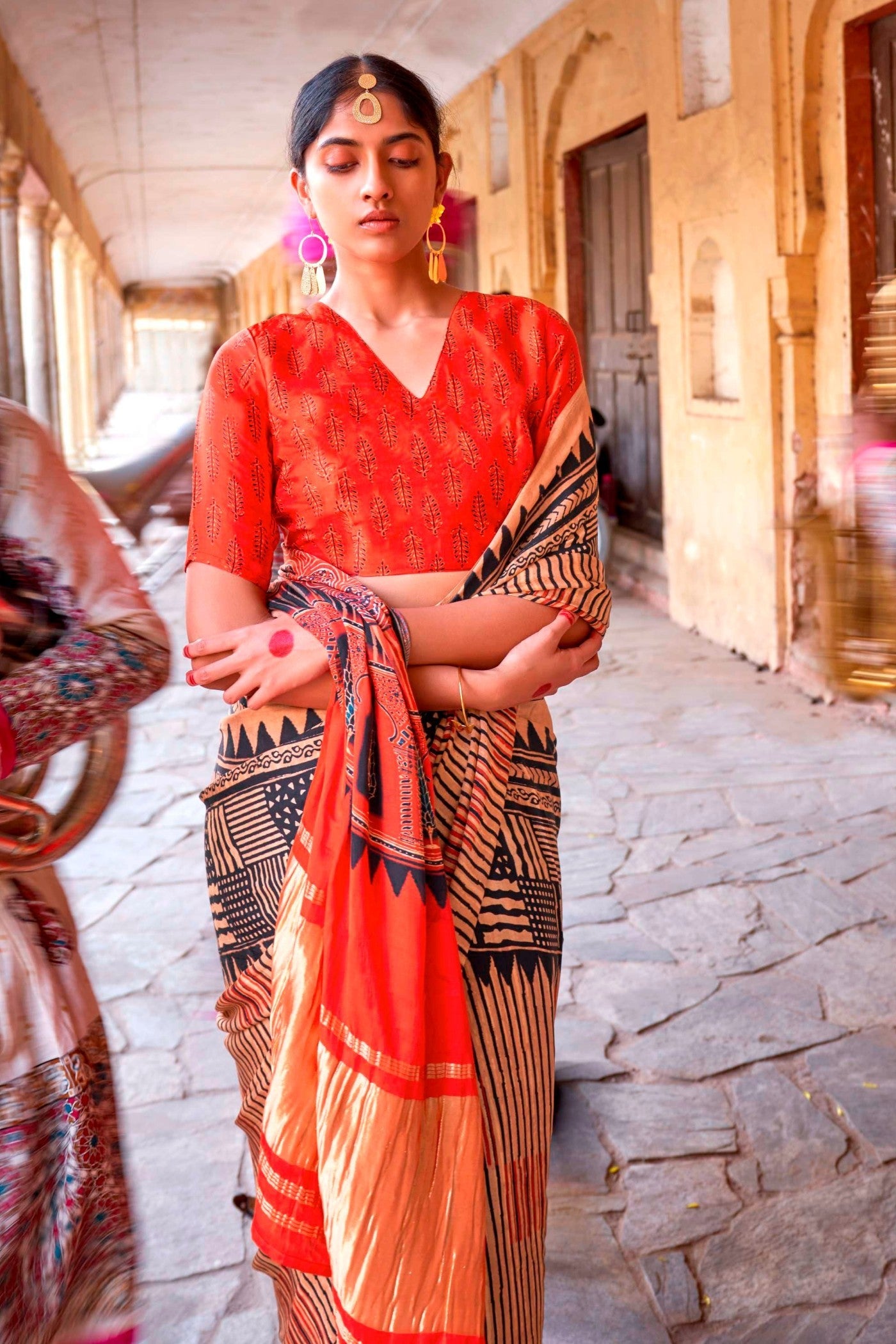 Tacao Peach Ajrakh Handprinted Satin Saree