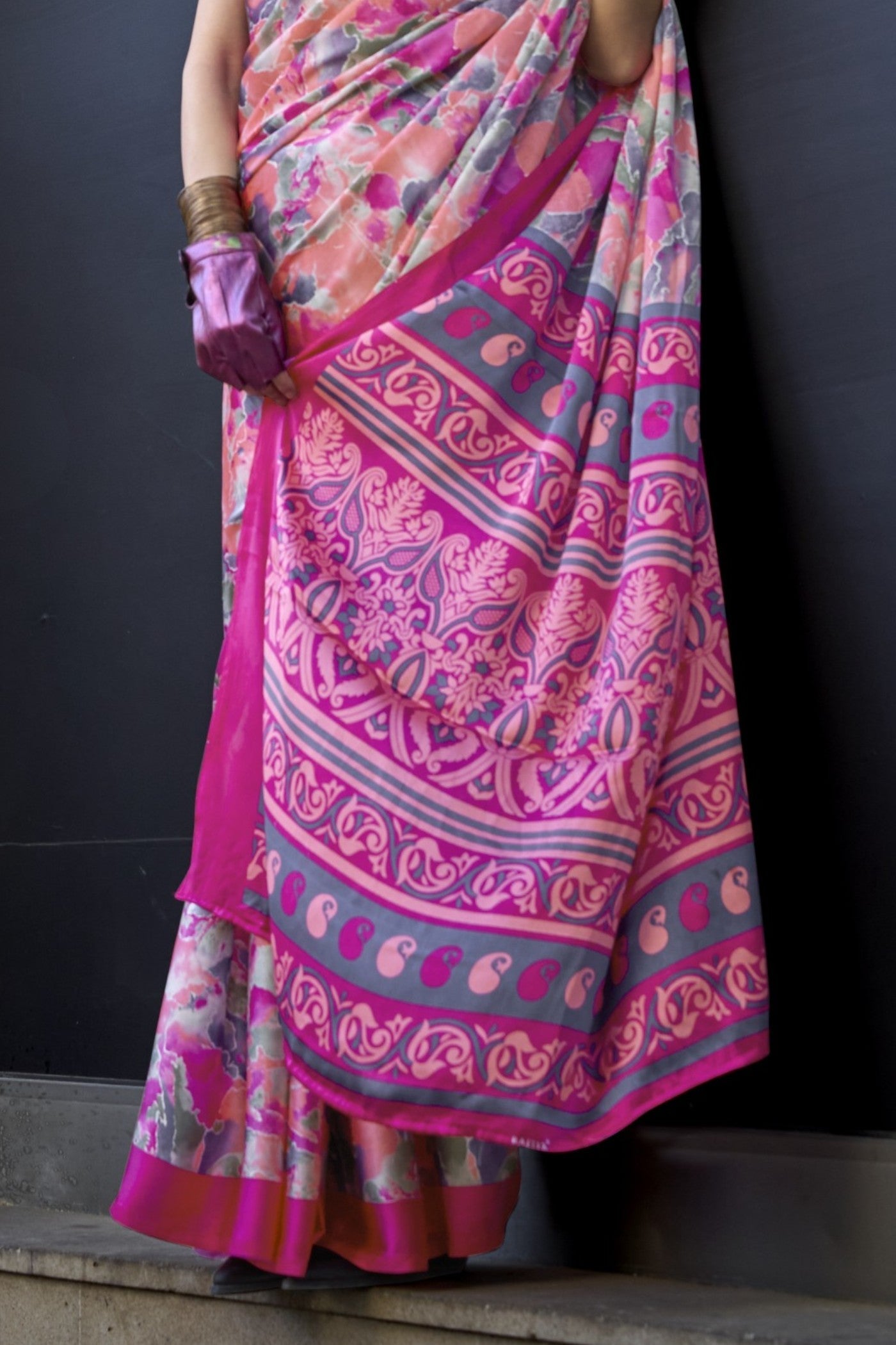 Punch Pink Printed Satin Crepe Silk Saree