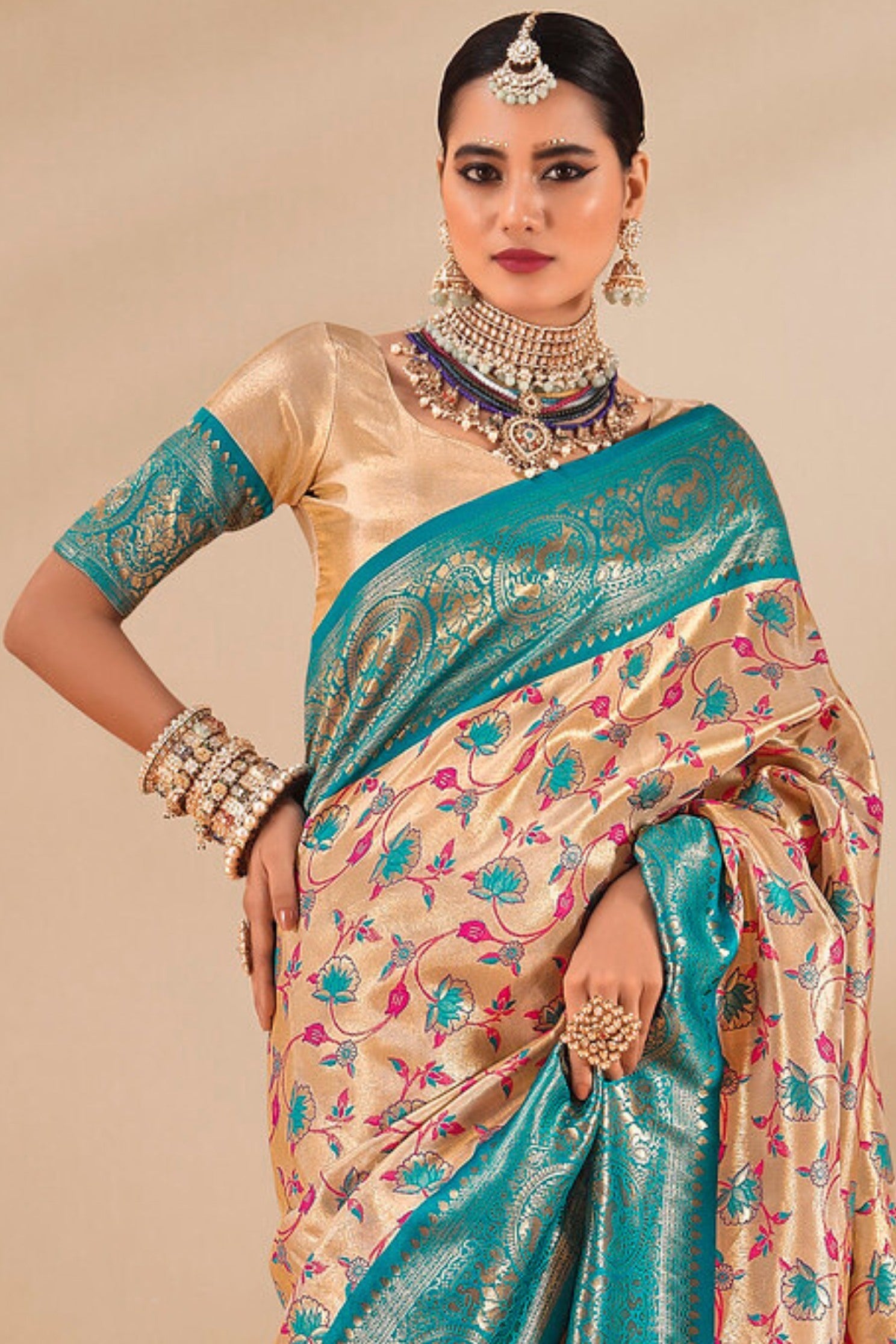 Sandy Beach Cream and Blue Zari Woven Banarasi Saree