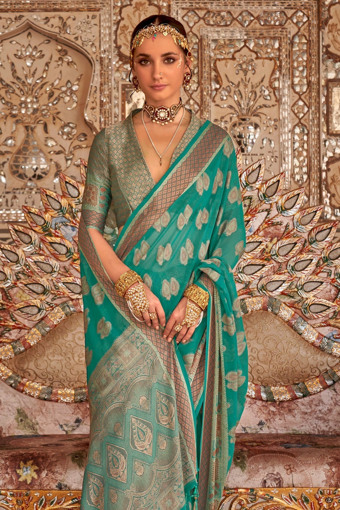 Summer Green Zari Woven Georgette Saree