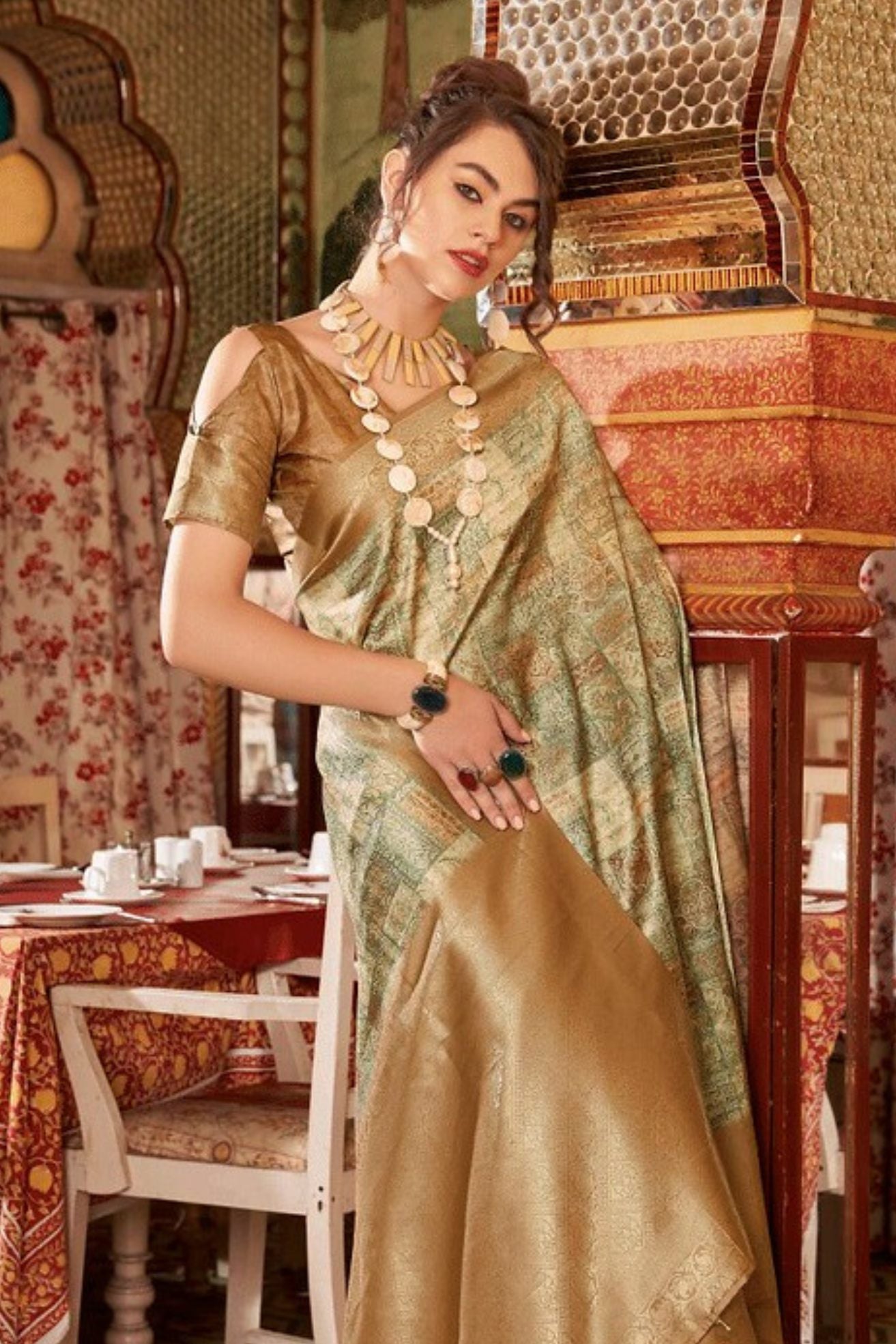 Tan Brown Banarasi Digital Printed Saree