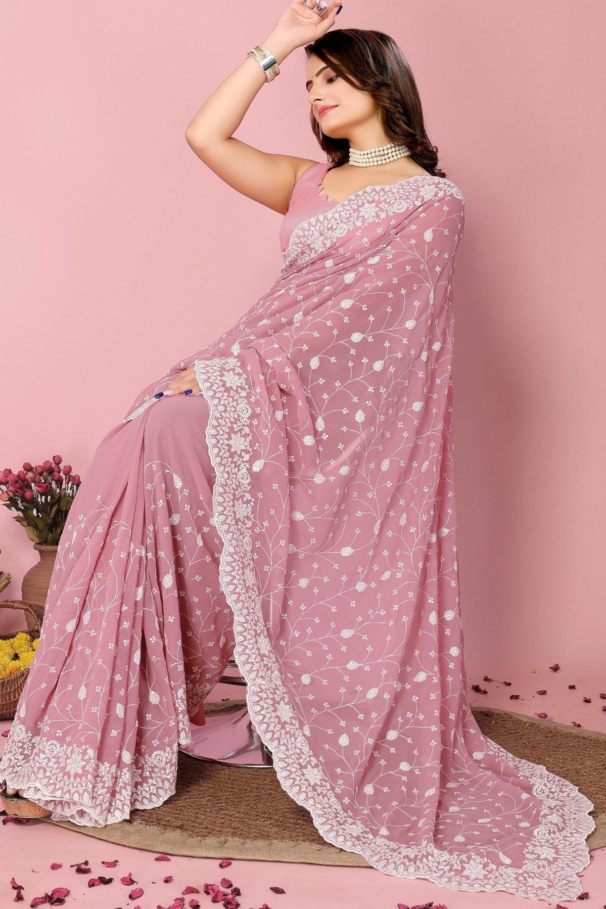 Blossom Pink Georgette Embroidered Silk Saree