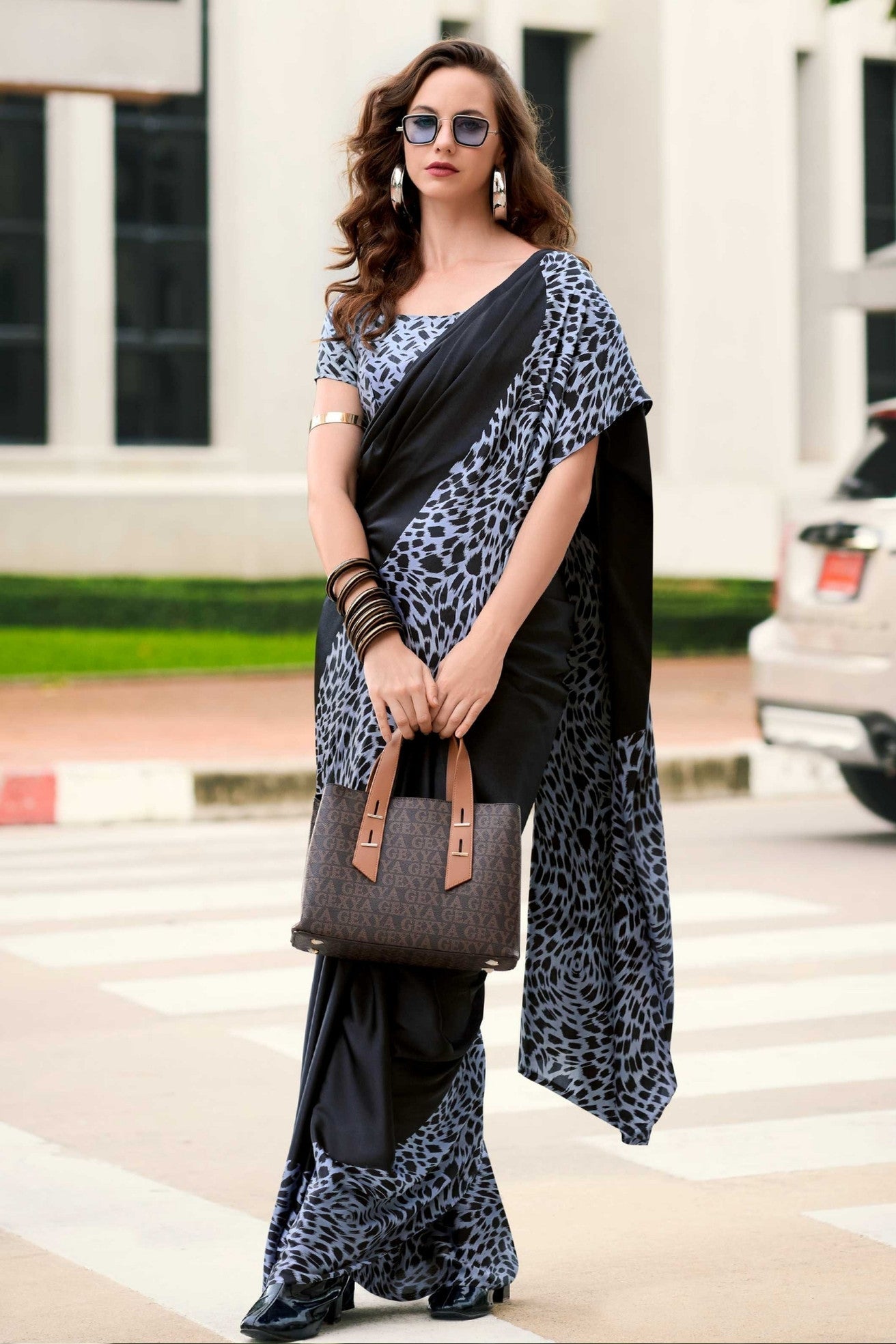 Soot Black Printed Satin Crepe Saree