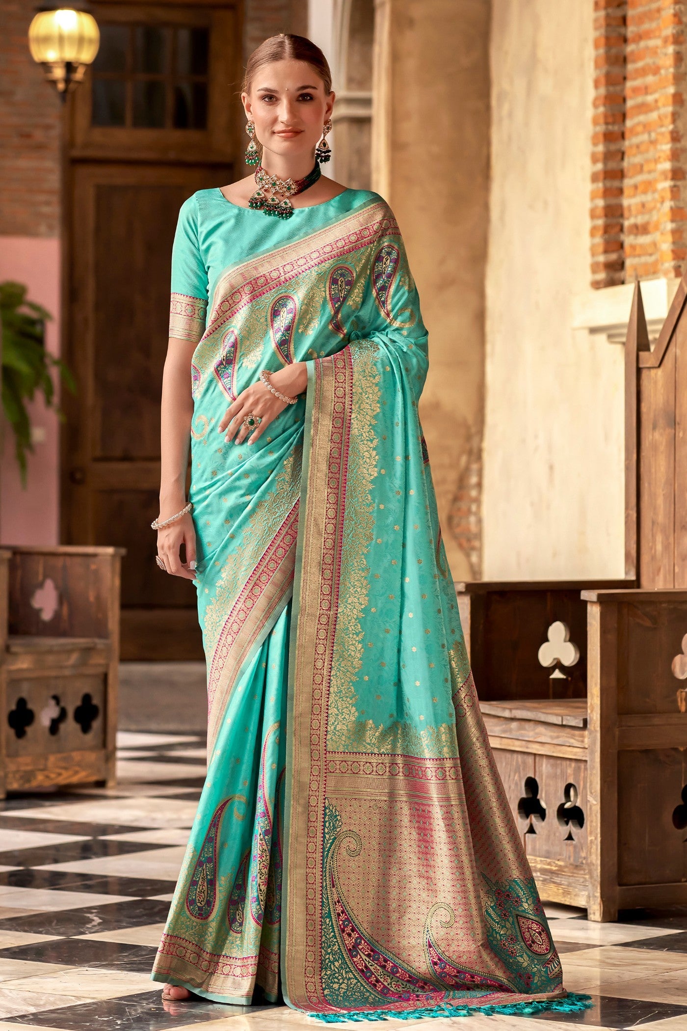 Sky Blue Banarasi Soft Silk Saree