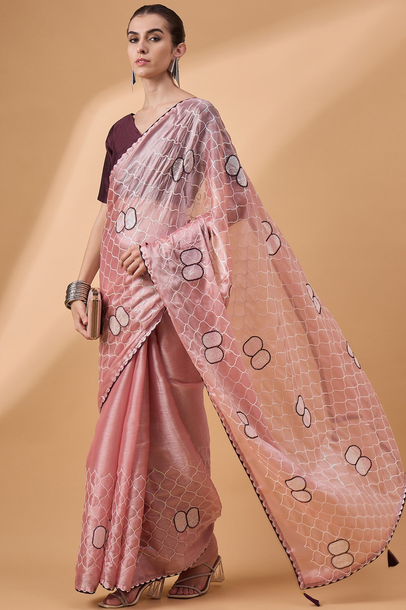 Old Rose Pink Organza Partywear Saree