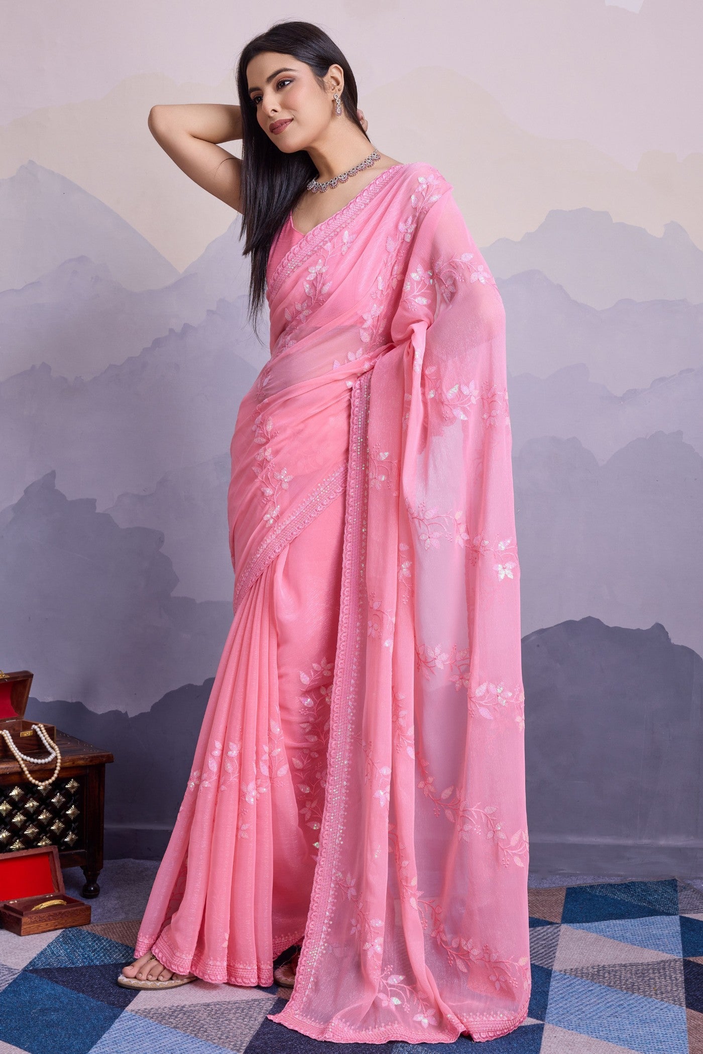 Creamy Pink Embroidered Designer Chiffon Saree