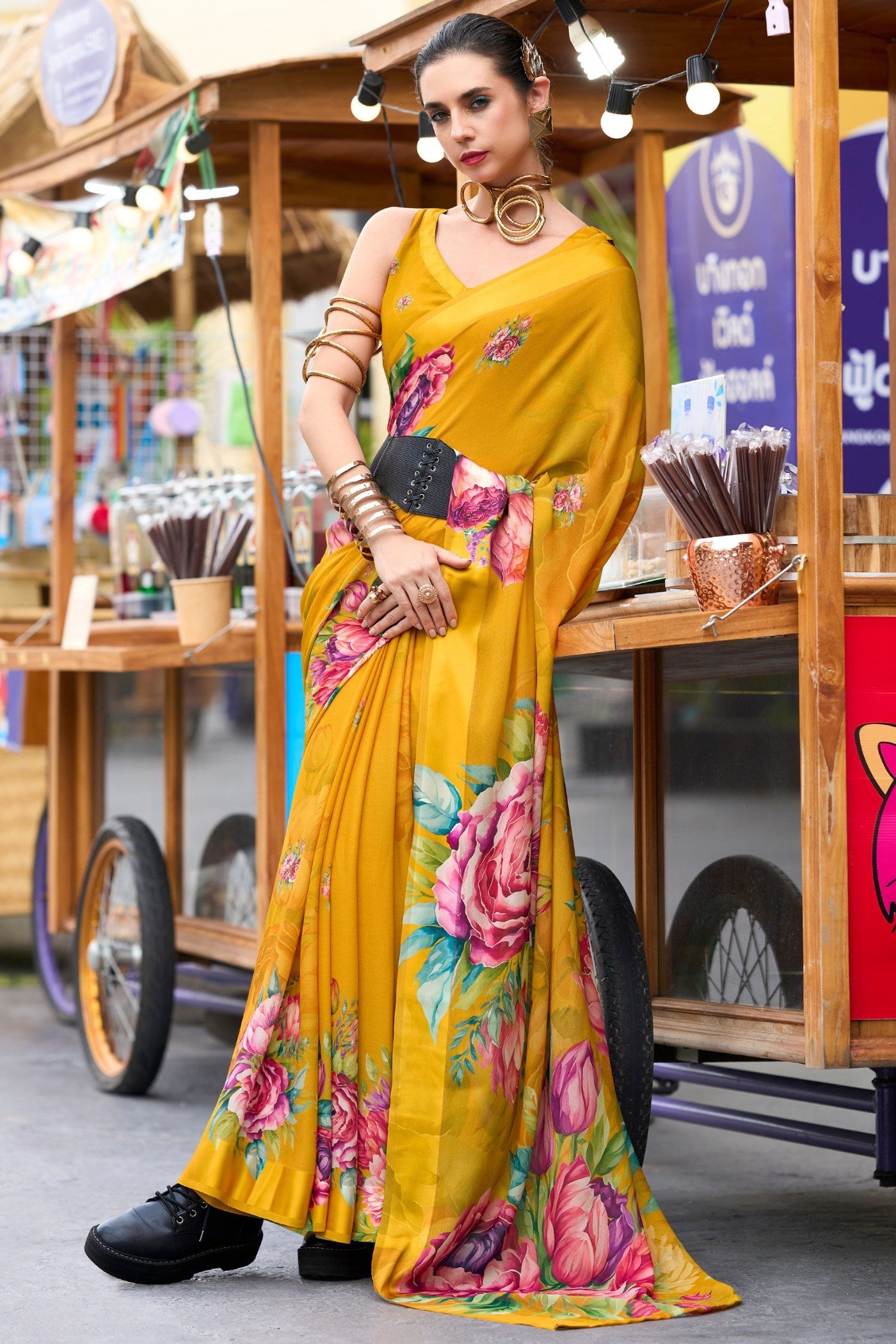 Tree Poppy Yellow Printed Georgette Saree