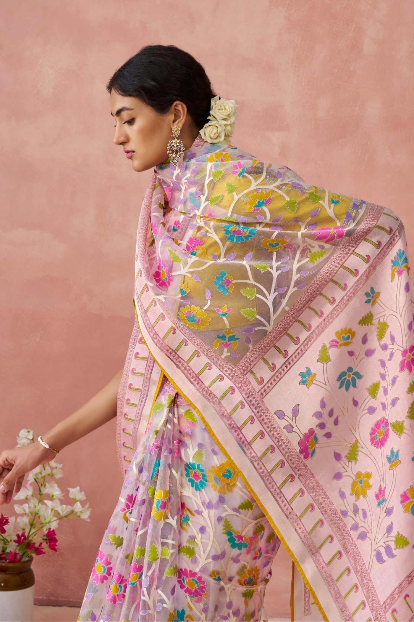 Quicksand Pink Brasso Organza Printed Saree