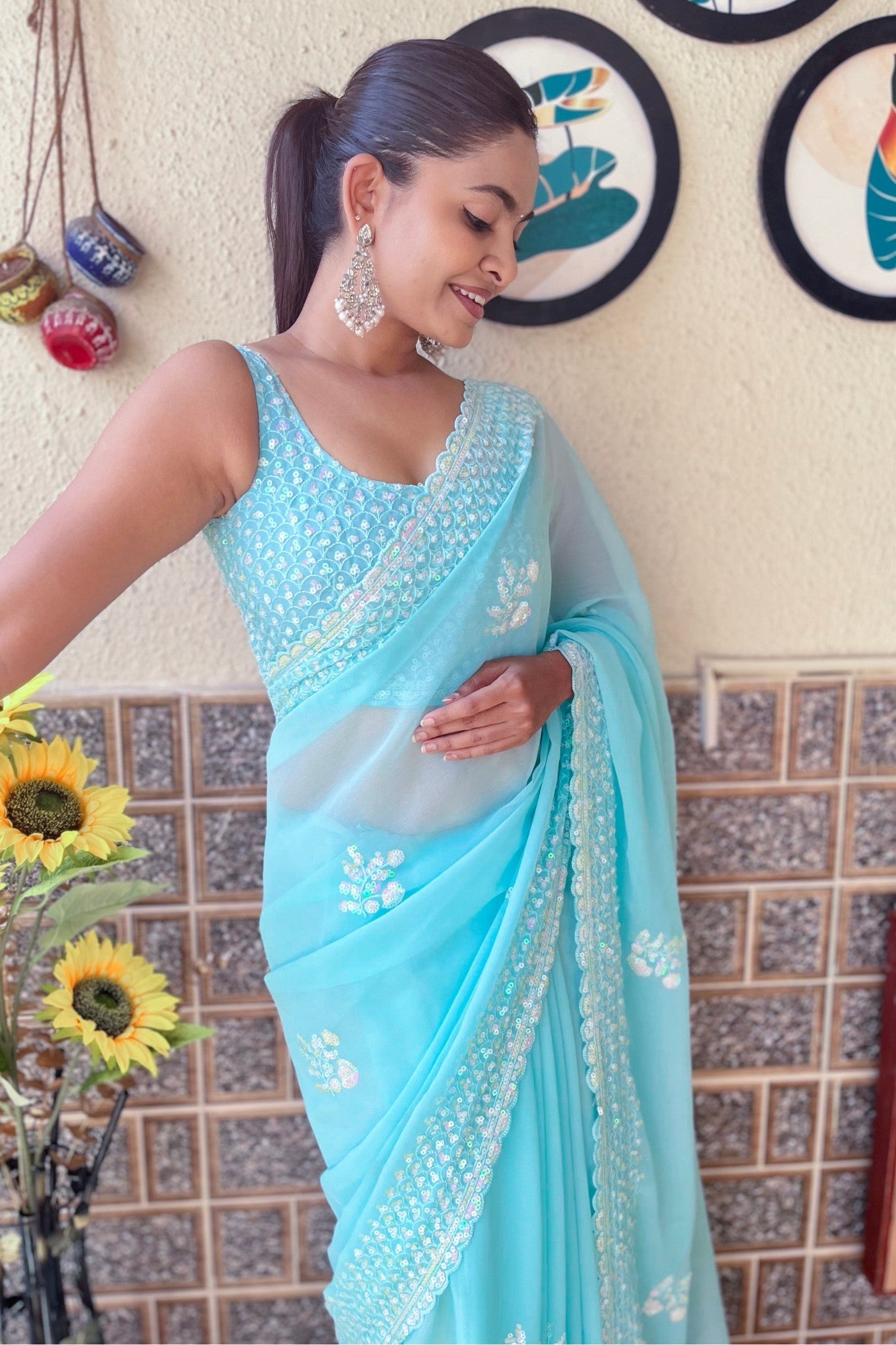 Delphinium Blue Embroidery Georgette saree