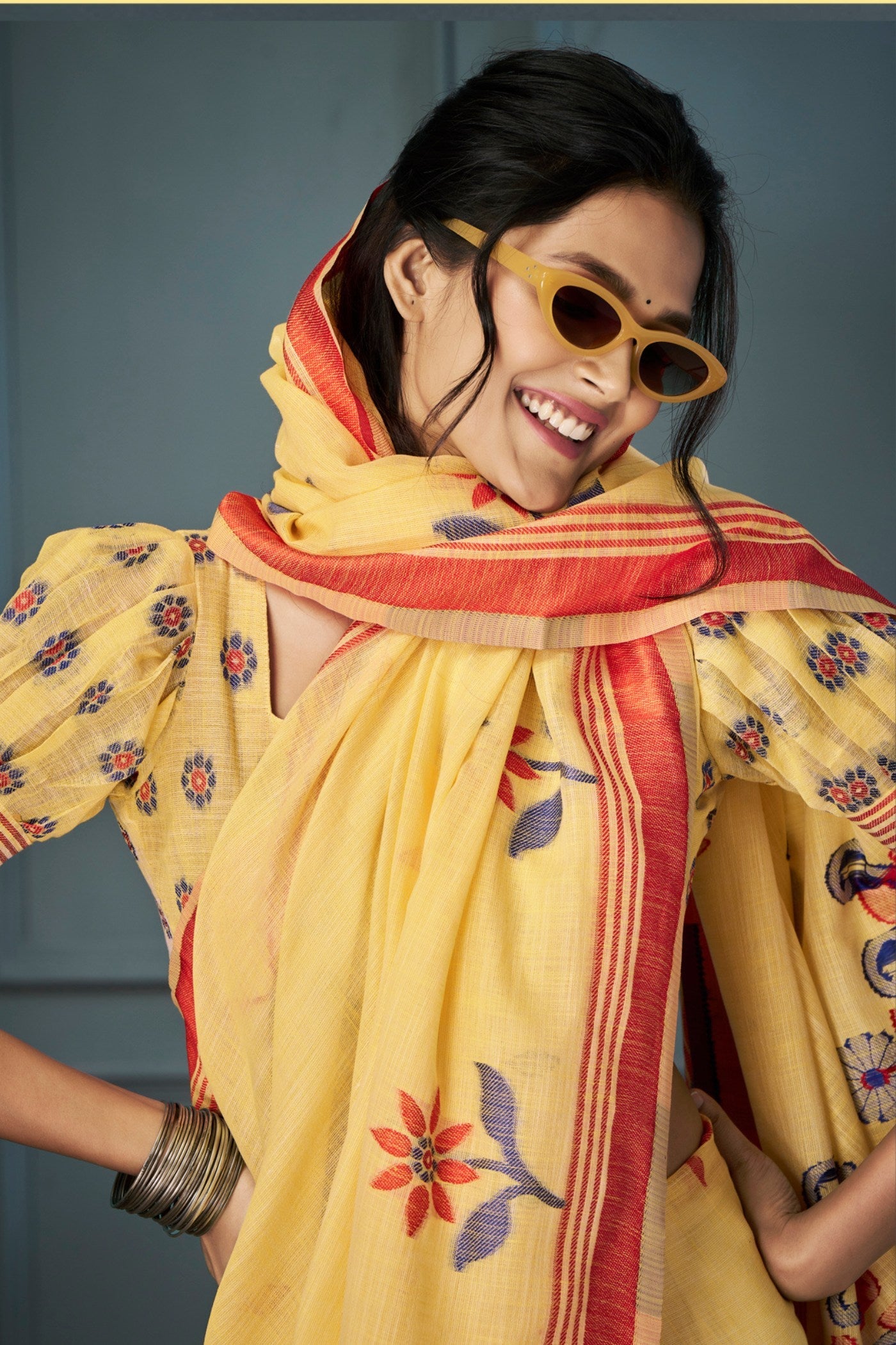 Sunset Pearl Yellow Handloom Linen Saree