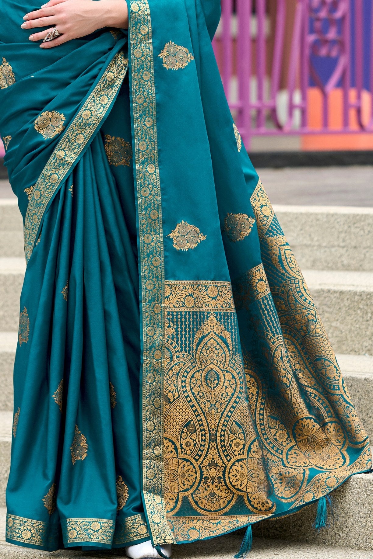 Mosque Blue Banarasi Handloom Satin Saree