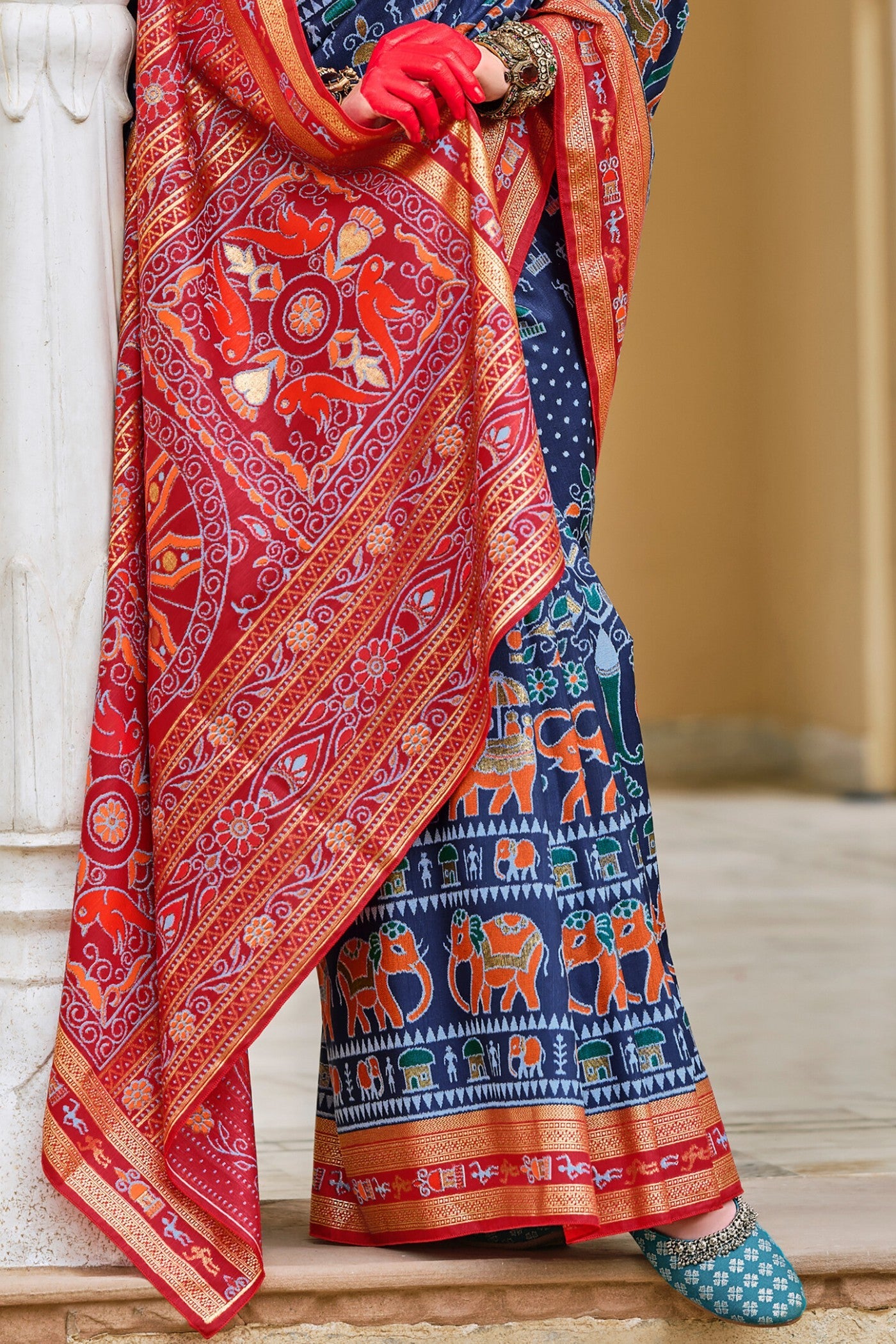 Oxford Blue and Red Printed Patola Saree