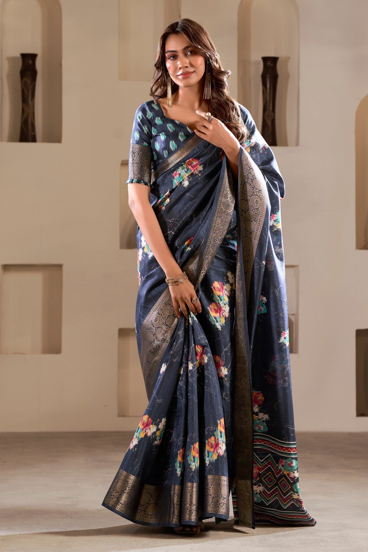 Nevada Blue Printed Soft Dola Silk Saree