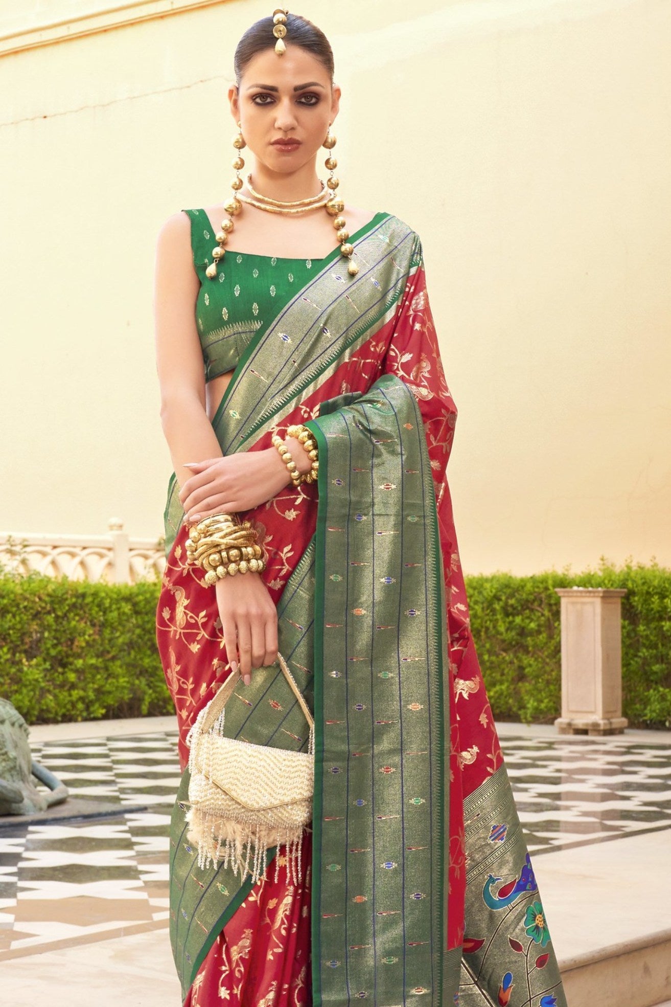 Fire Red and Green Woven Paithani Designer Saree