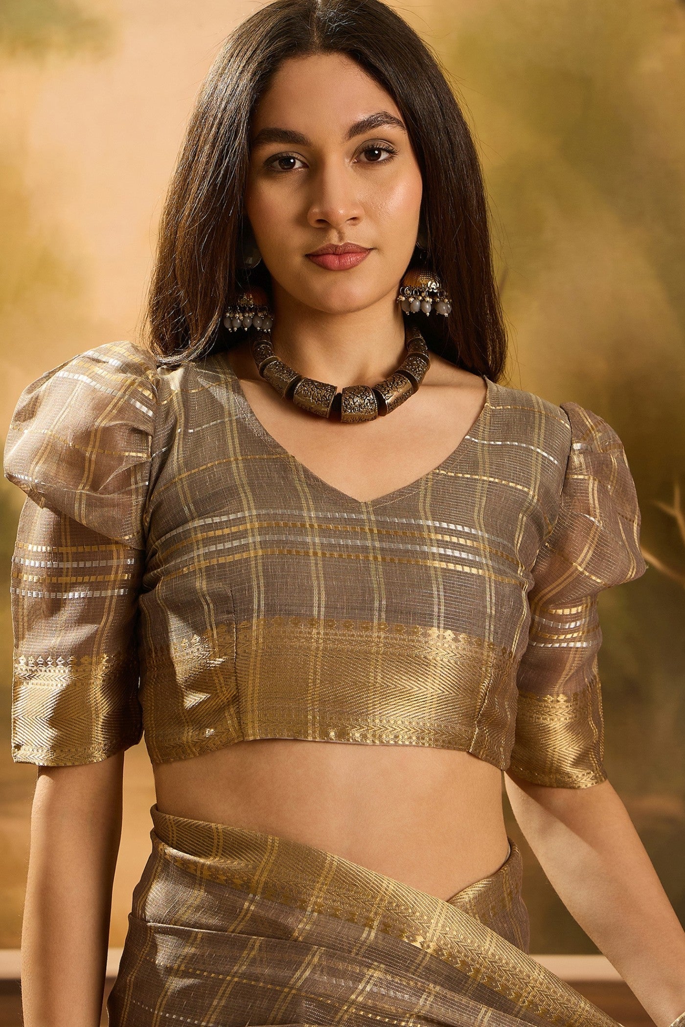 Walnut Brown Woven Organza Saree