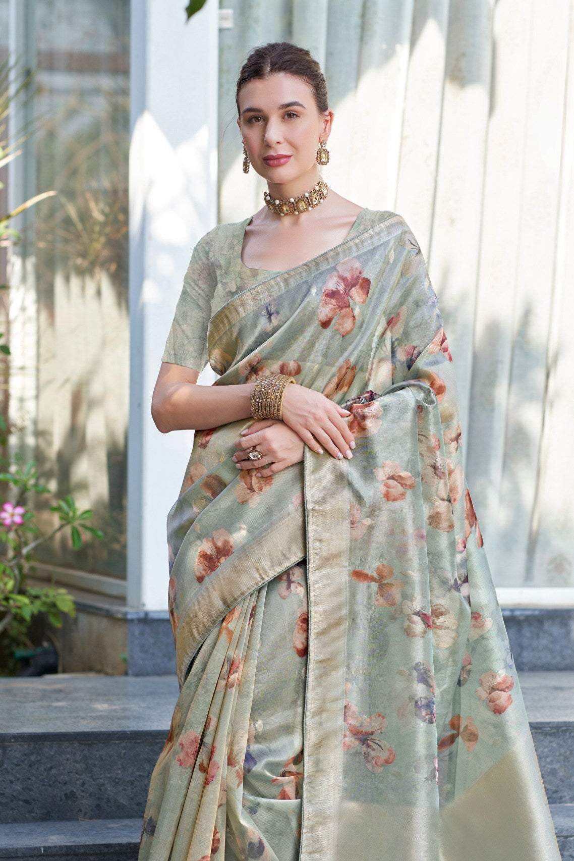 Pumice Grey Digital Printed Organza Saree