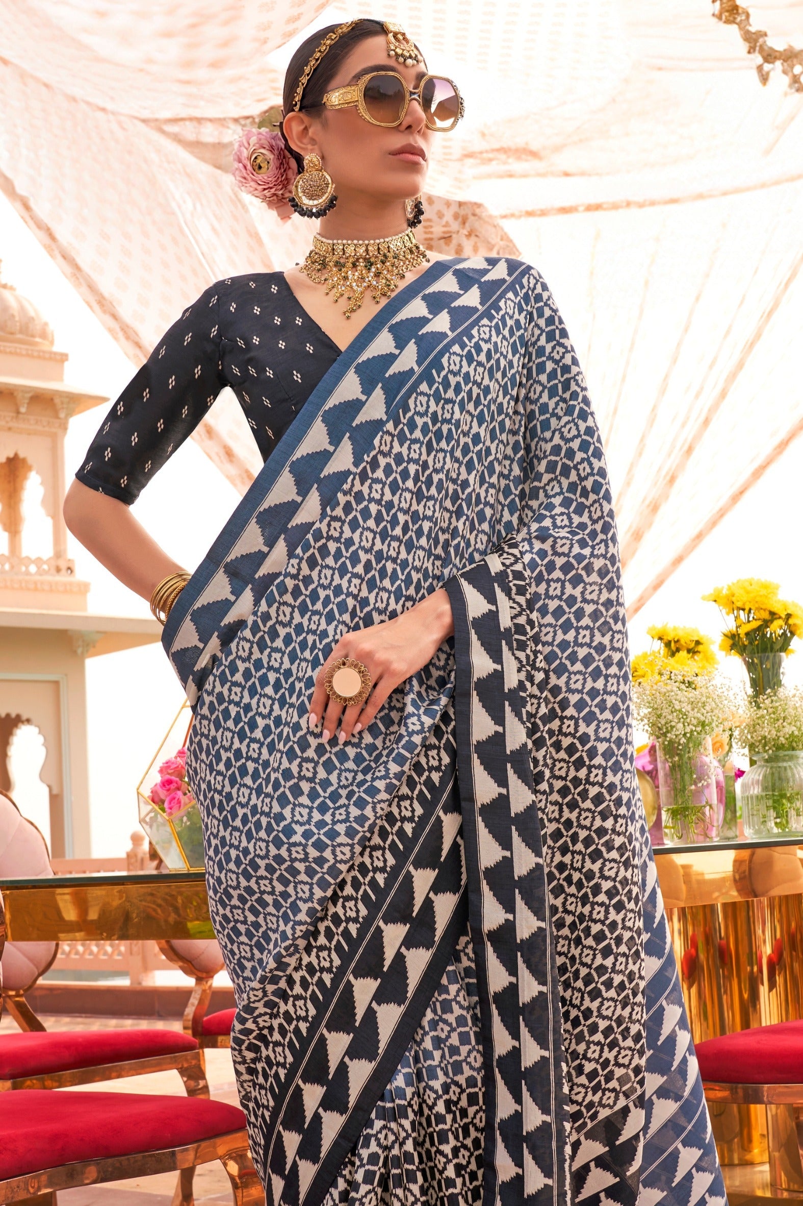 Marble Blue and Black Printed Patola Saree