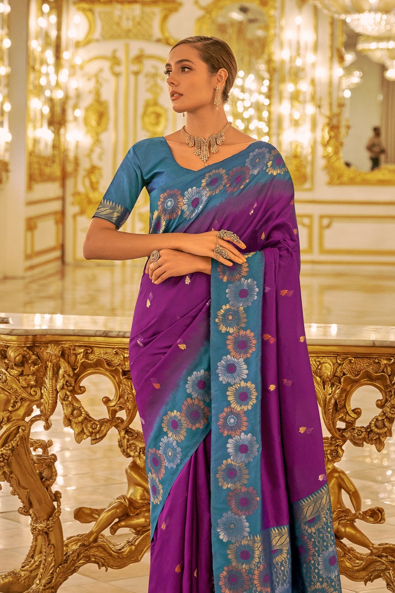 Plum Purple and Blue Woven Banarasi Saree