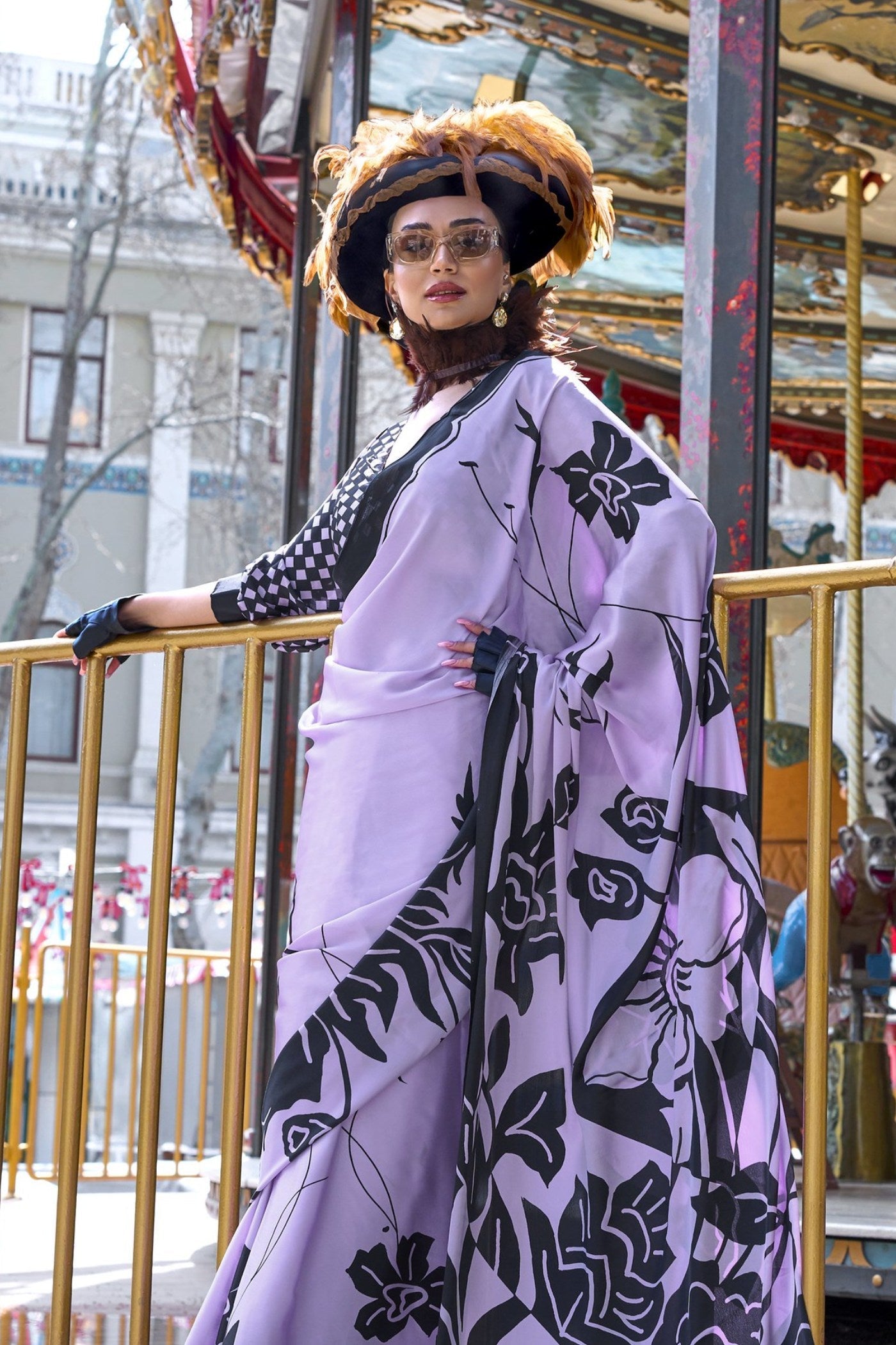 Pale Purple Printed Satin Crepe Silk Saree