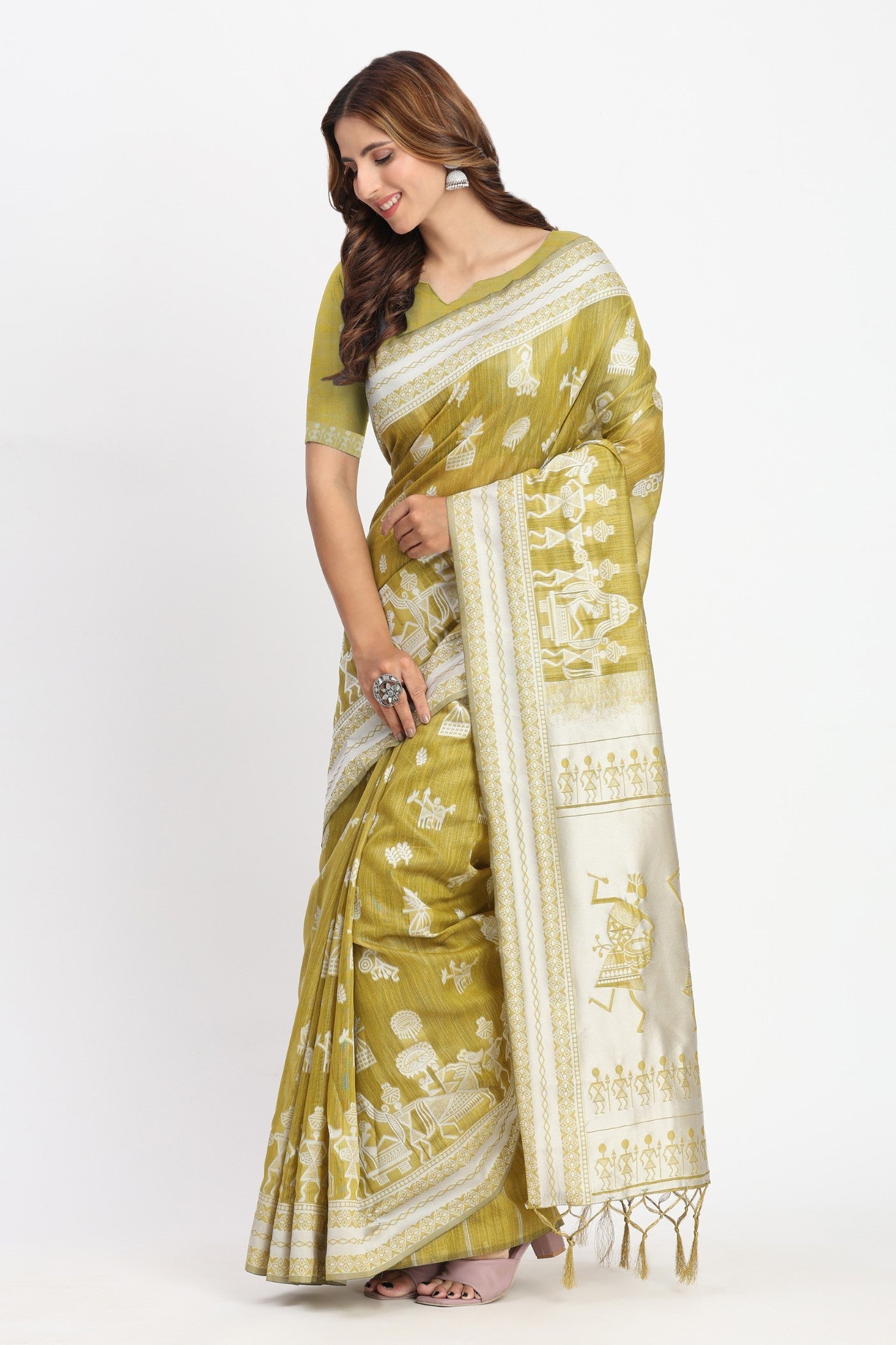 Green Lizard Woven Linen Cotton Saree