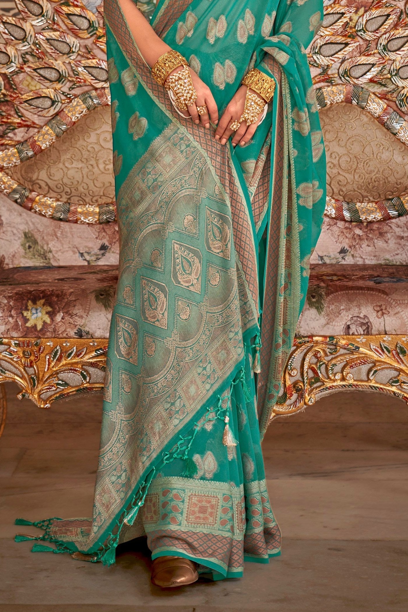 Summer Green Zari Woven Georgette Saree