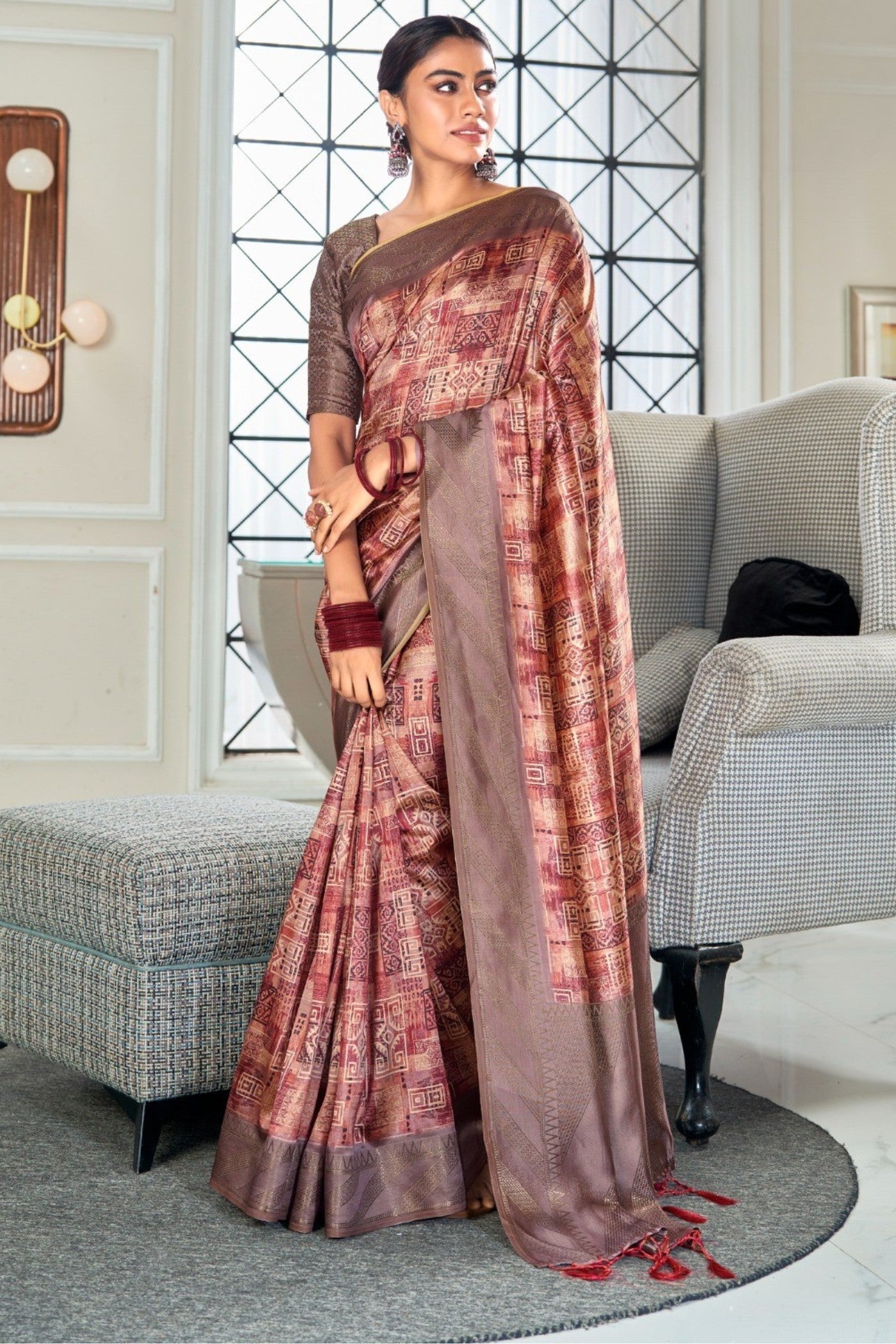 Copper Penny Brown Digital Printed Banarasi Saree