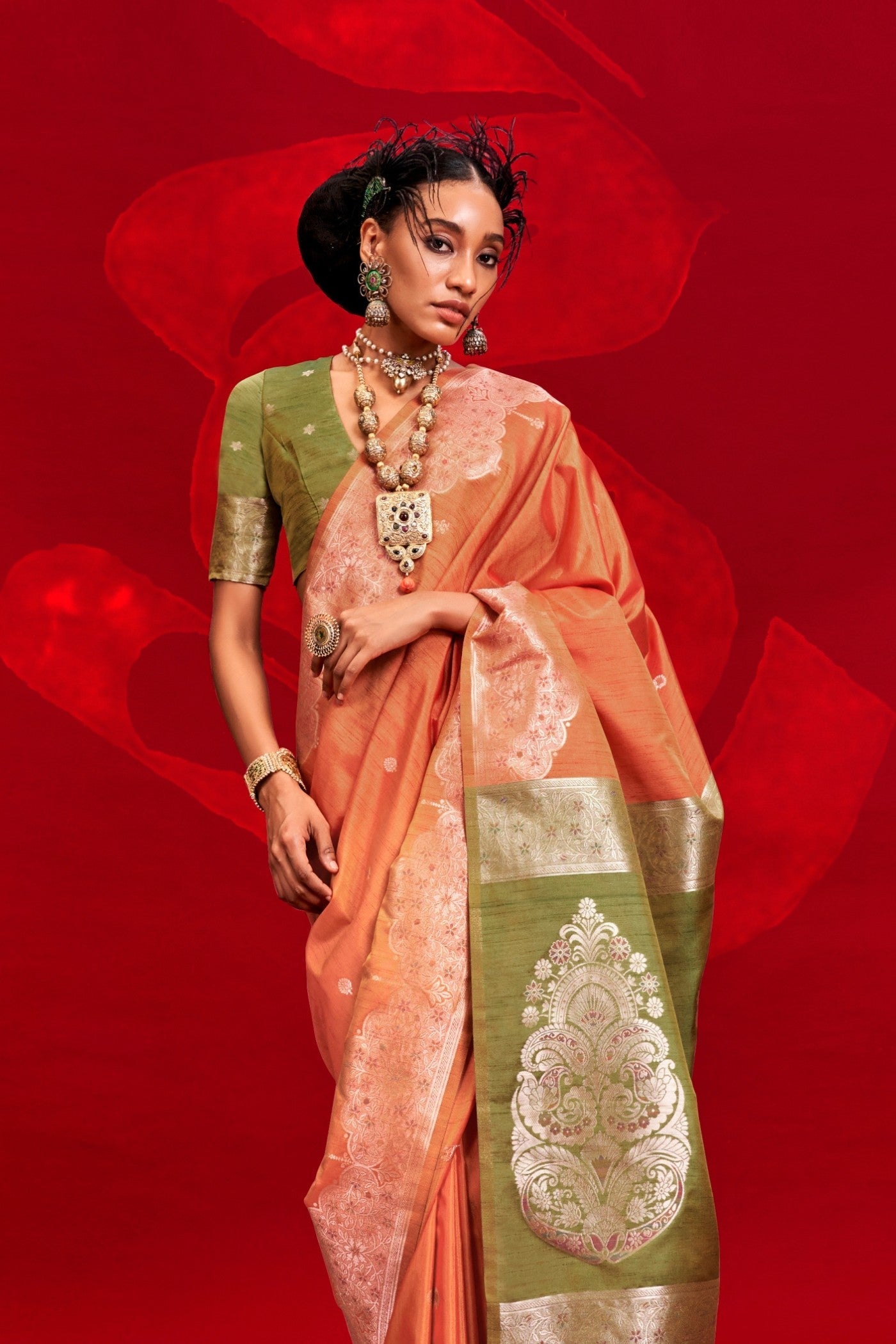 Apricot Orange Tussar Handloom Silk Saree