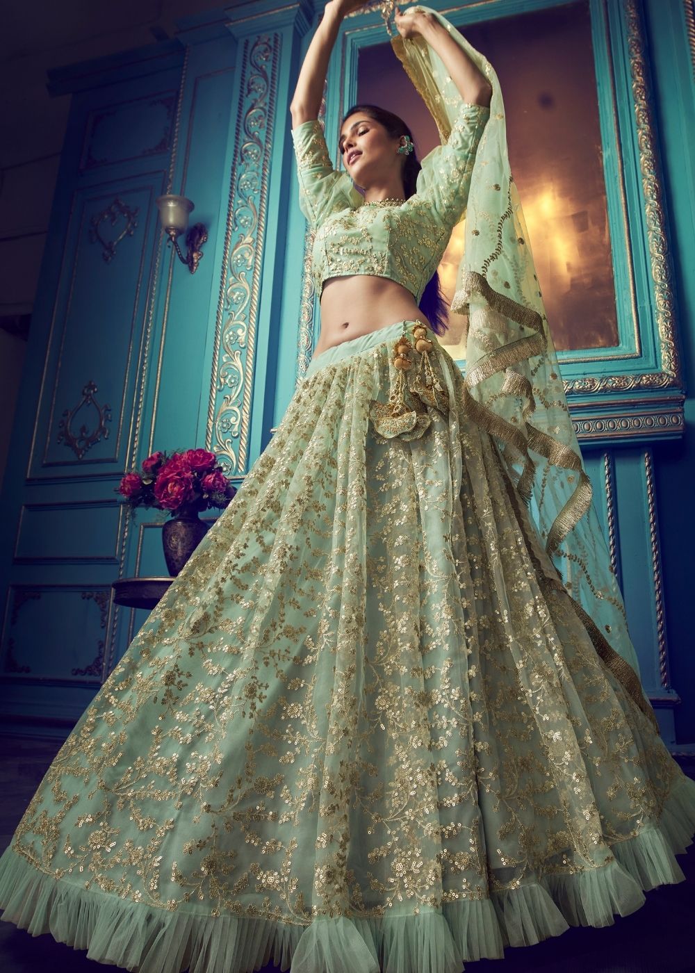 Sage Green Designer Soft Net Lehenga Choli