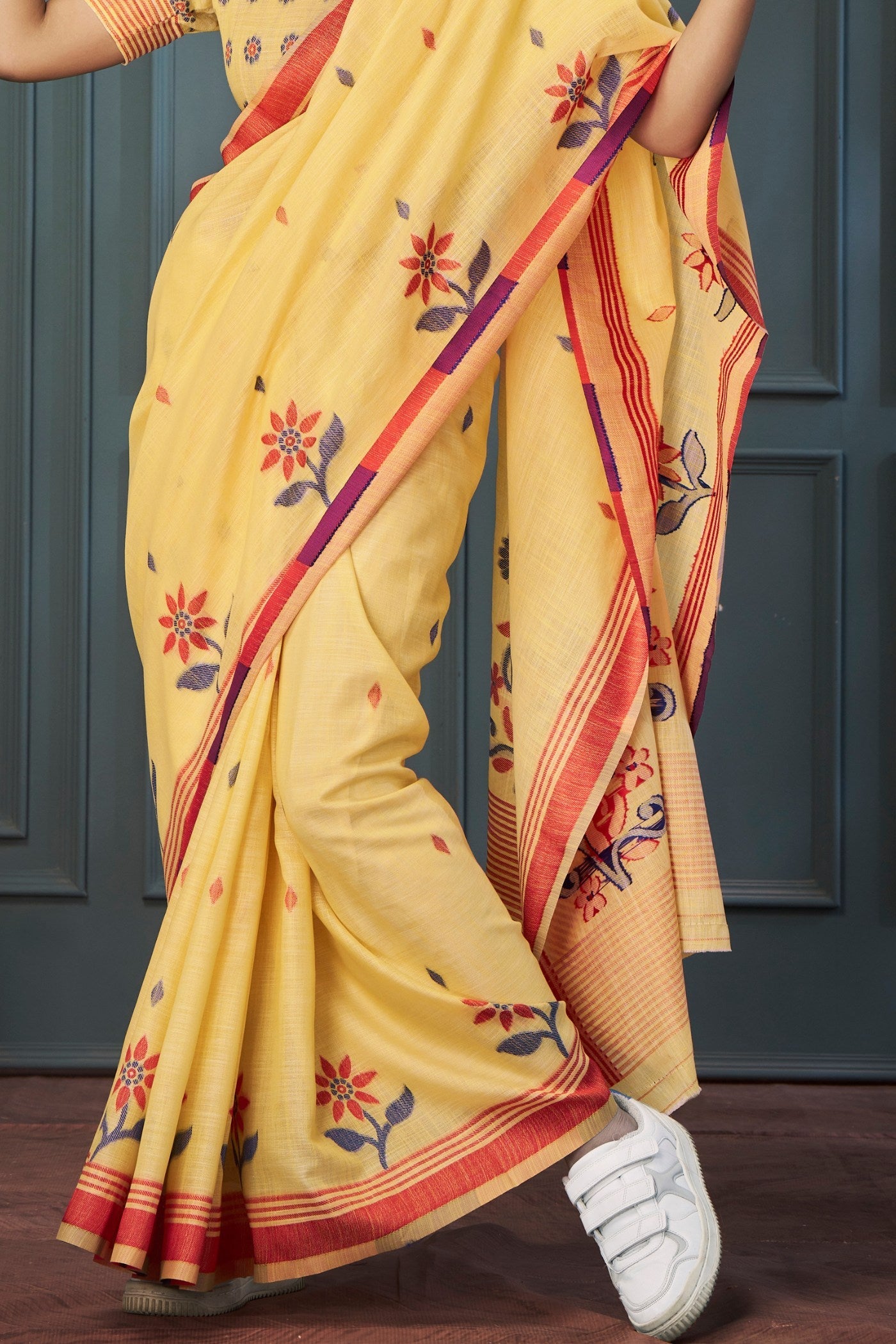 Sunset Pearl Yellow Handloom Linen Saree