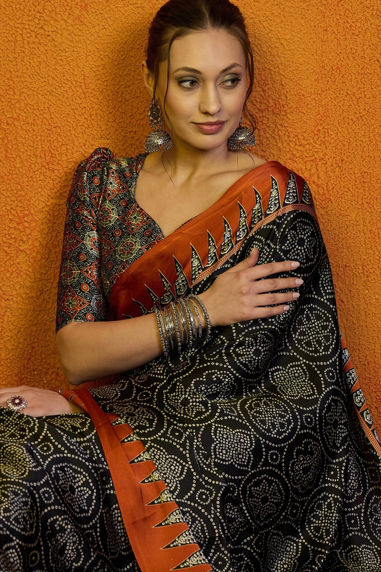 Code Black Printed Ajrakh Satin Crepe Saree